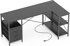 Huuger L Shaped Office Desk with Power Outlets, 55 Inch Computer Desk with 3 Drawers, Shelves, Reverisble for Gaming Corner Work Home Office Study, Black