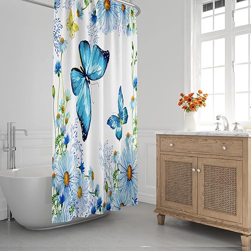 Miniatura 2 de Cortina de ducha de mariposa de 72 x 72 pulgadas, cortina de ducha de flores silvestres azules, margaritas y mariposas, cortina de ducha floral de