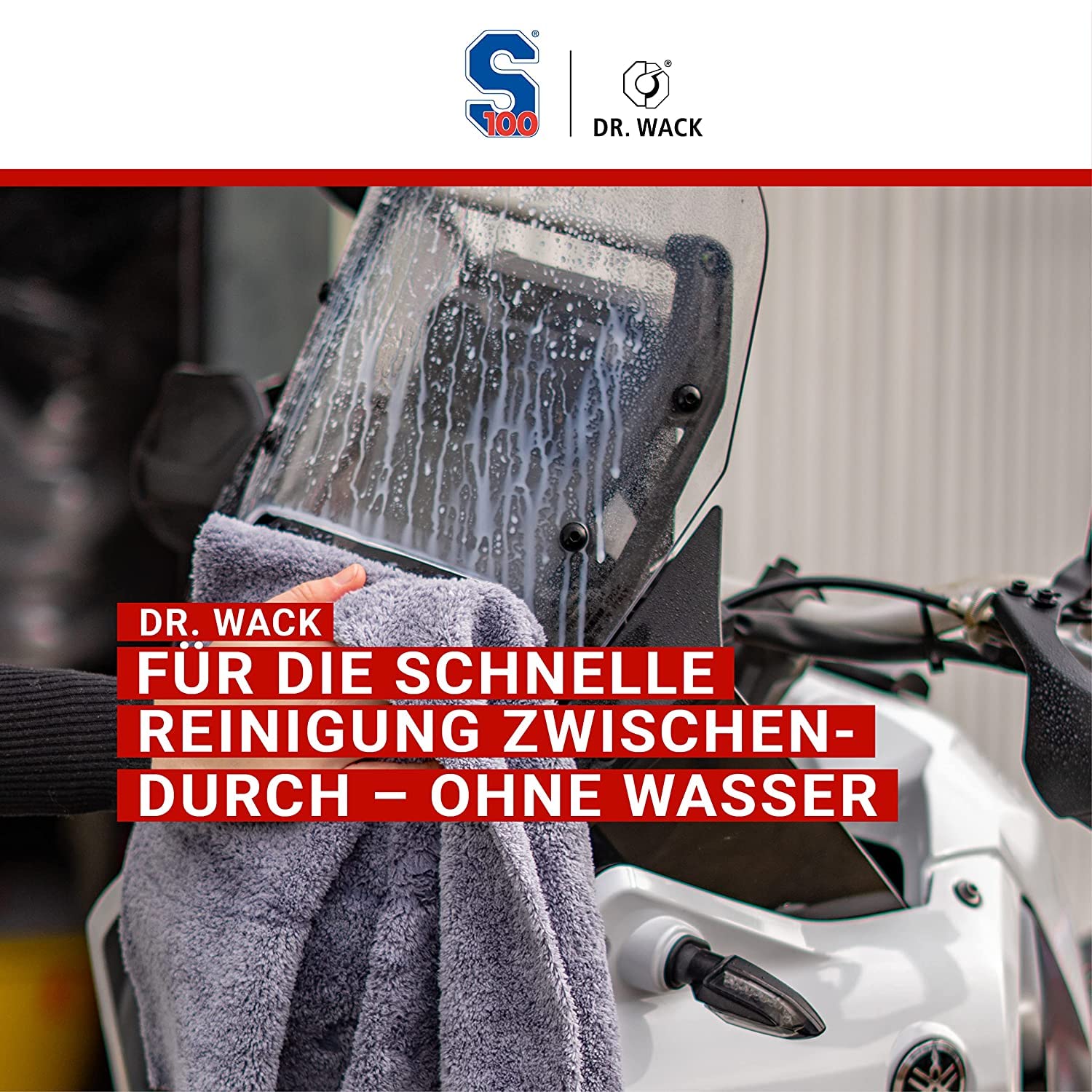 Motorrad Reinigung, Trocknen & Detailer Bundle - Dr. Wack S100 Total Reiniger Plus + Bike Detailer S100 Schnellreiniger + detailmate Trockentuch & Poliertuch + Microfiber Monkey Waschhandschuh