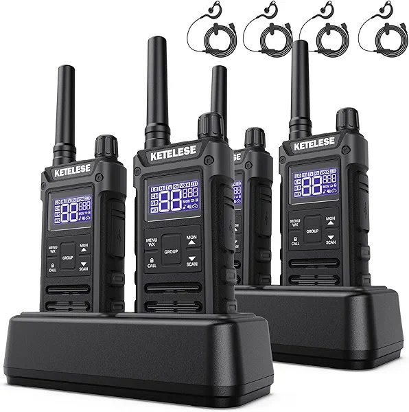 KETELESE T3G IP67 Waterproof Walkie Talkies Rechargeable, Heavy Duty 2 Way Radios with Earpiece and Mic, Dock, USB, NOAA Weather Alert, Group PTT (4 Pack), Black/Grey