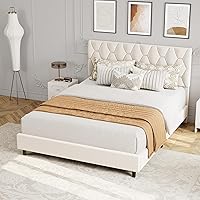 Vista 8 de GAOMON Base de cama matrimonial color beige con cabecera tapizada, base de cama de plataforma resistente con listones de madera fuertes, no necesita