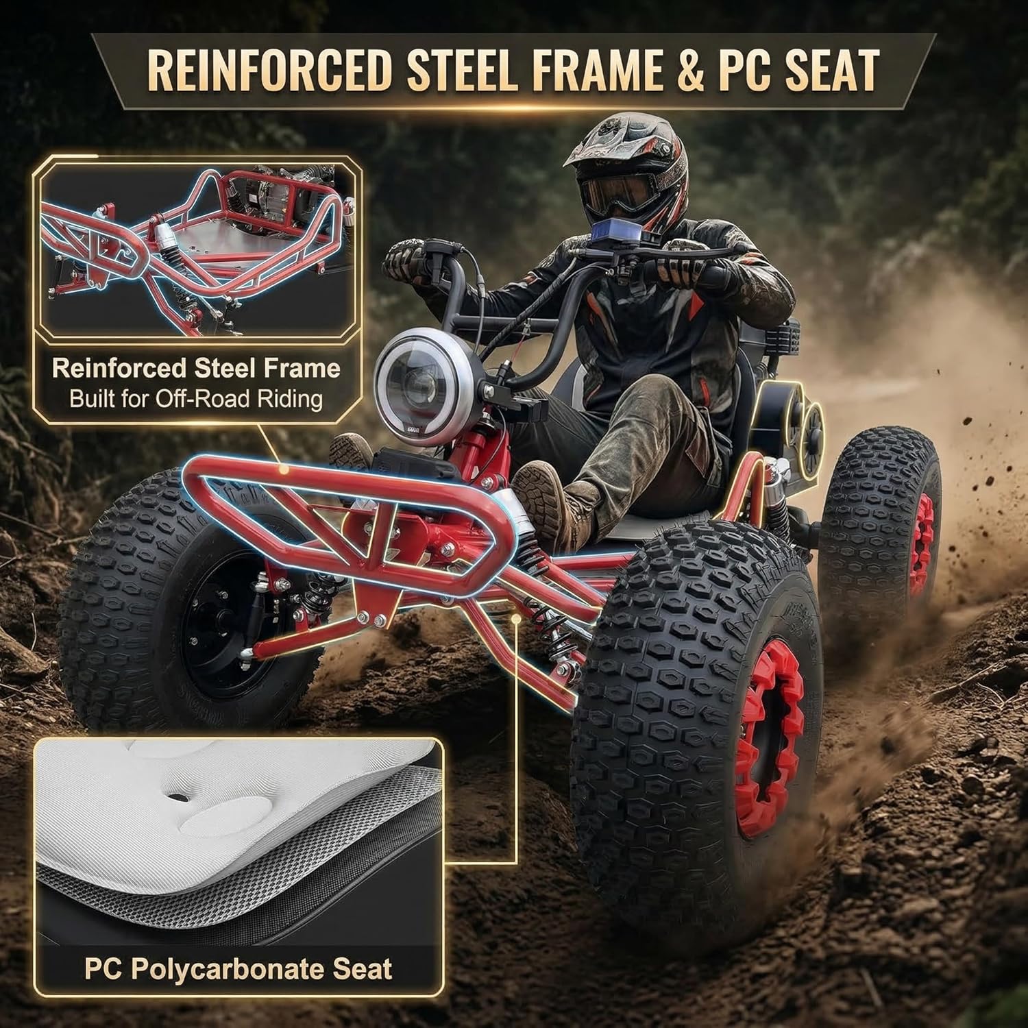Zyliathor 212cc 4-Stroke Off Road Go Kart, Gas Powered CVT Belt + 420 Chain, F/N/R, Electric & Pull Start, AT19x7-8 Tires, 4-Wheel Independent Suspension, 600 lb（Black）