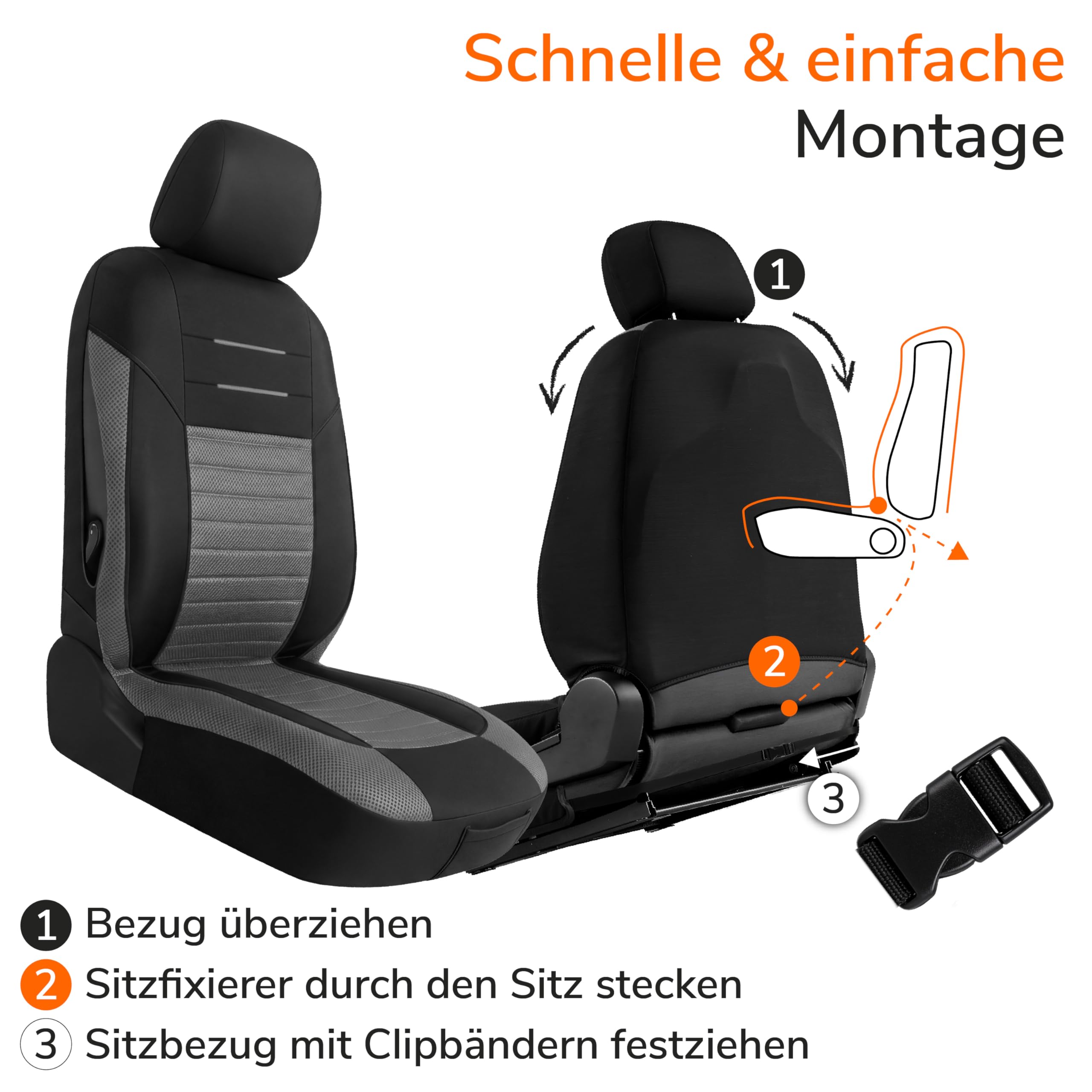 Upgrade4cars Autositzbezüge Set für die Vordersitze Version 2026 | Auto-Schonbezüge Universal in Grau für Fahrersitz & Beifahrer | Autozubehör Innenraum Deko