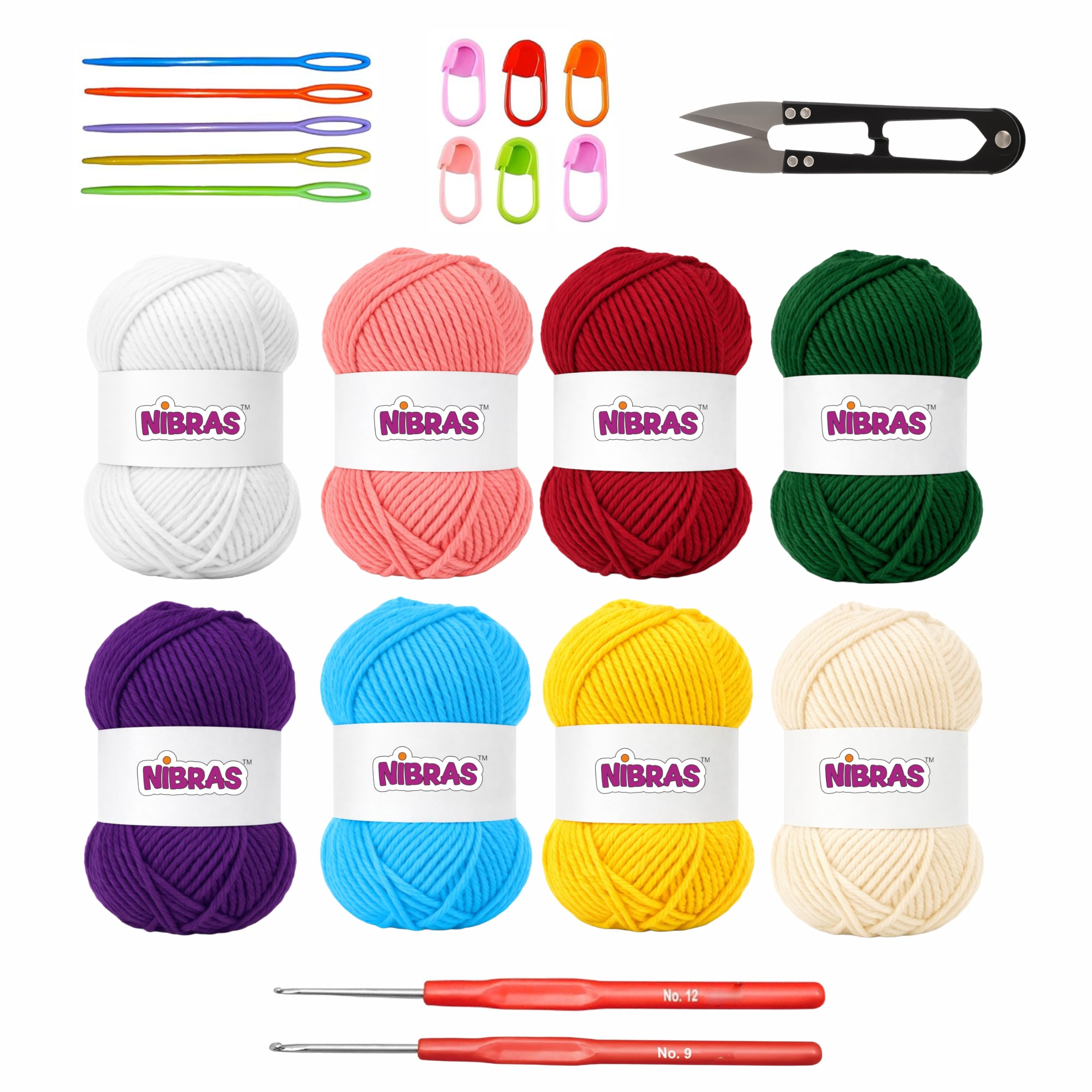 Nibras Beginner Crochet Kit (8 Yarn Pack) – Acrylic Threads with Hook, Needle, Cutter & Tools | DIY Crochet Starter Kit for Kids & Adults | Craft Hobby Set-image-29