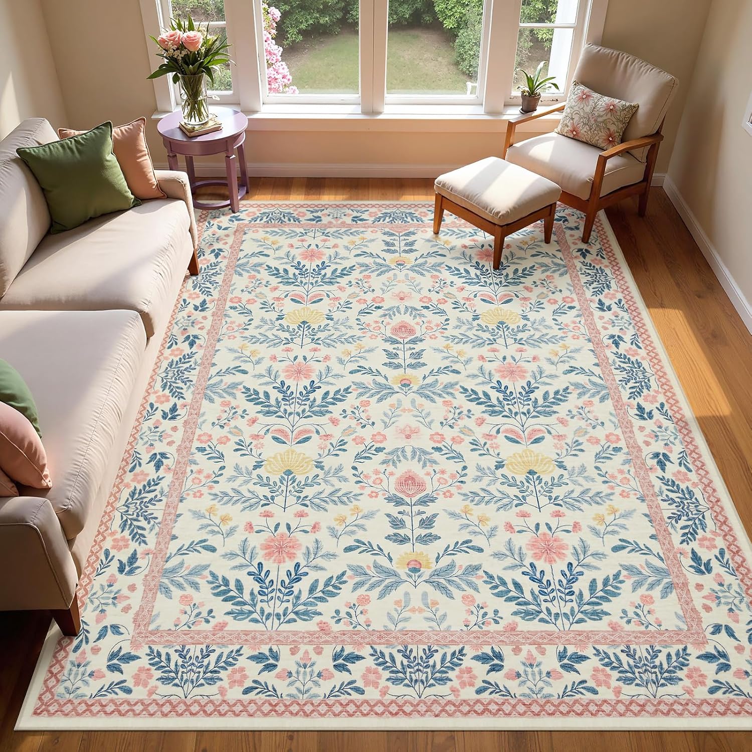 Joydeco Boho Floral Light Pink 5x7 Area Rugs for Bedroom Girls Playroom, Machine Washable Kids Room Nursery Rug Non Slip, Soft Indoor Floor Carpet for Living Room Dorm Classroom