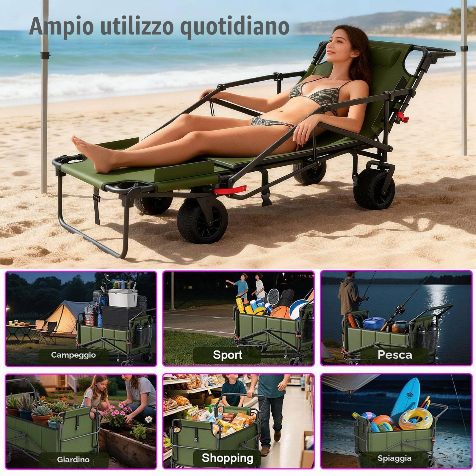 Carrello Pieghevole 2-in-1 & Lettino Solare, Carretto Spiaggia Portatile con Ruote A Tutti I Terreni - per Campeggio, Festival, Shopping, Giardino E Picnic, capacità Max 150kg