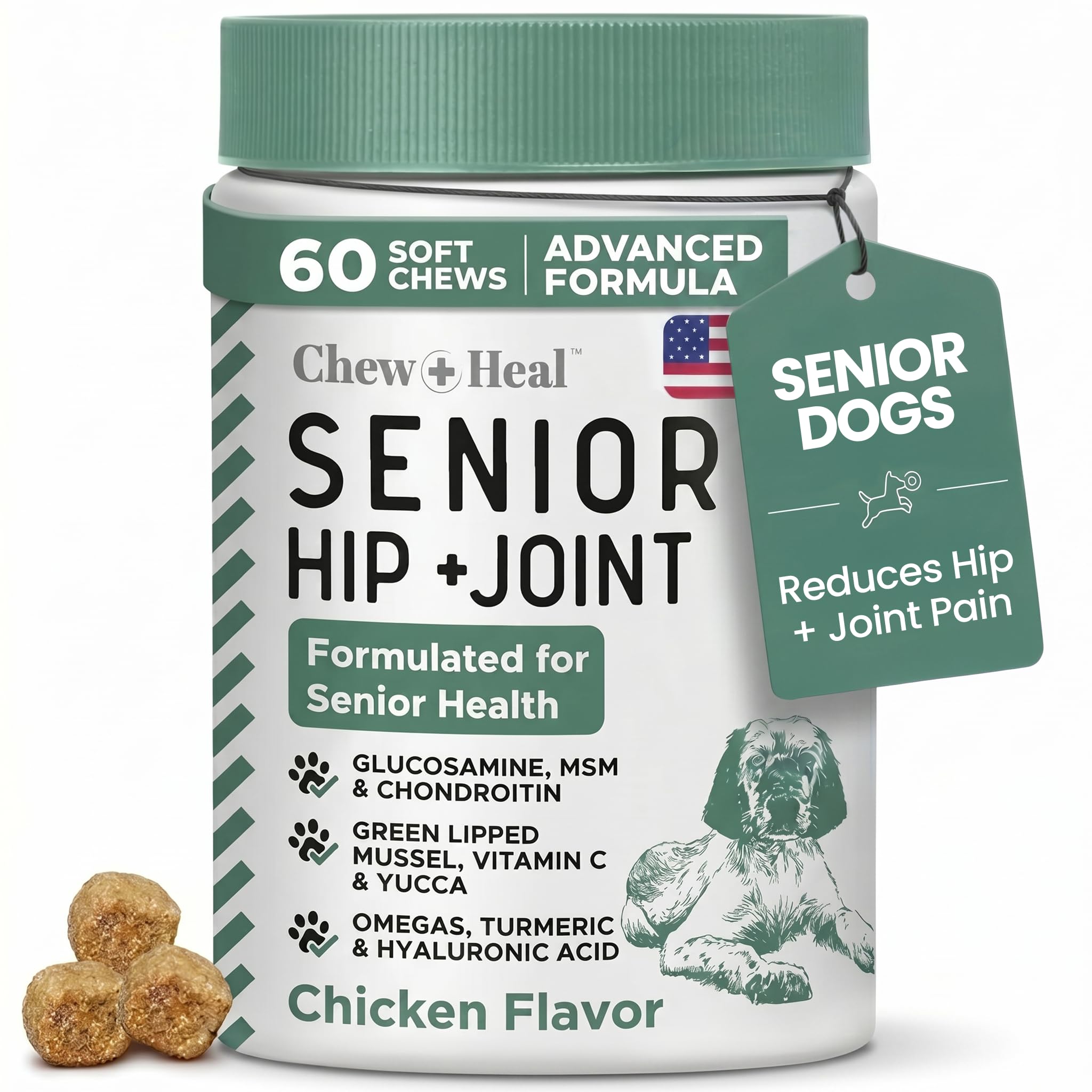Chew + Heal Labs Glucosamine for Dogs – Hip and Joint Supplement for Senior Dogs – 60 Soft Chews for Mobility Support – With Glucosamine, MSM, Chondroitin & Green Lipped Mussel
