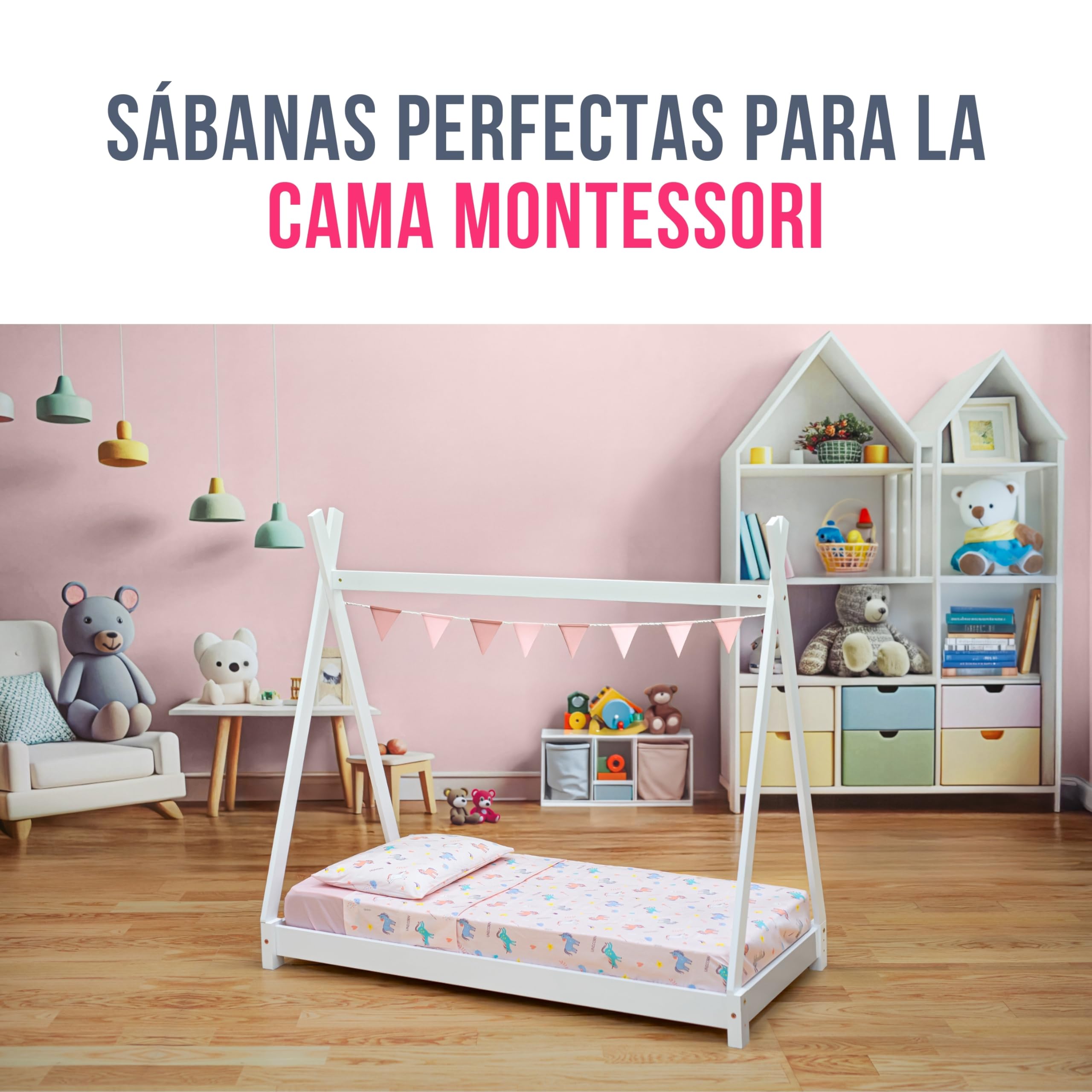 GOYSILA Juego de sábanas Montessori de 70 x 140 cm, 1 sábana Bajera con Esquinas elásticas, 1 sábana encimera, 1 Funda de Almohada, 100% algodón, Oeko Tex, Unicornios