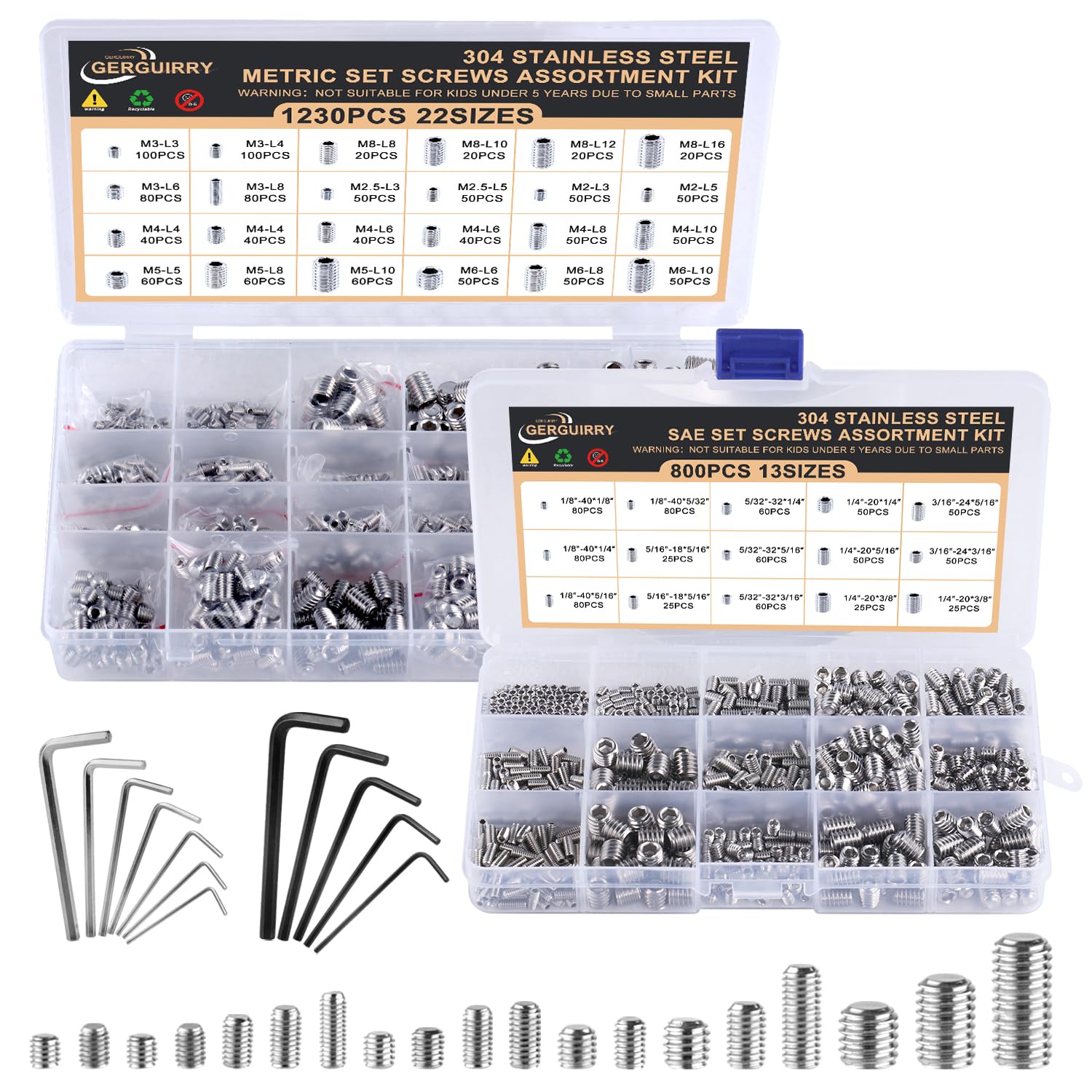 Photo 1 of 2030PCS Set Screws Assortment Kit, 35Sizes Metric & SAE Stainless Steel Screws, Allen Head Socket Hex Grub Set Screws for Bathroom Fixtures, Towel Bar (M2-M8, 1/8"-40 to 5/16"-18)