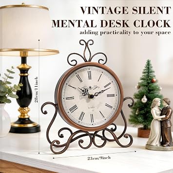 Table Clock on Stand Retro Desk Shelf Clocks Non-Ticking Antique Copper