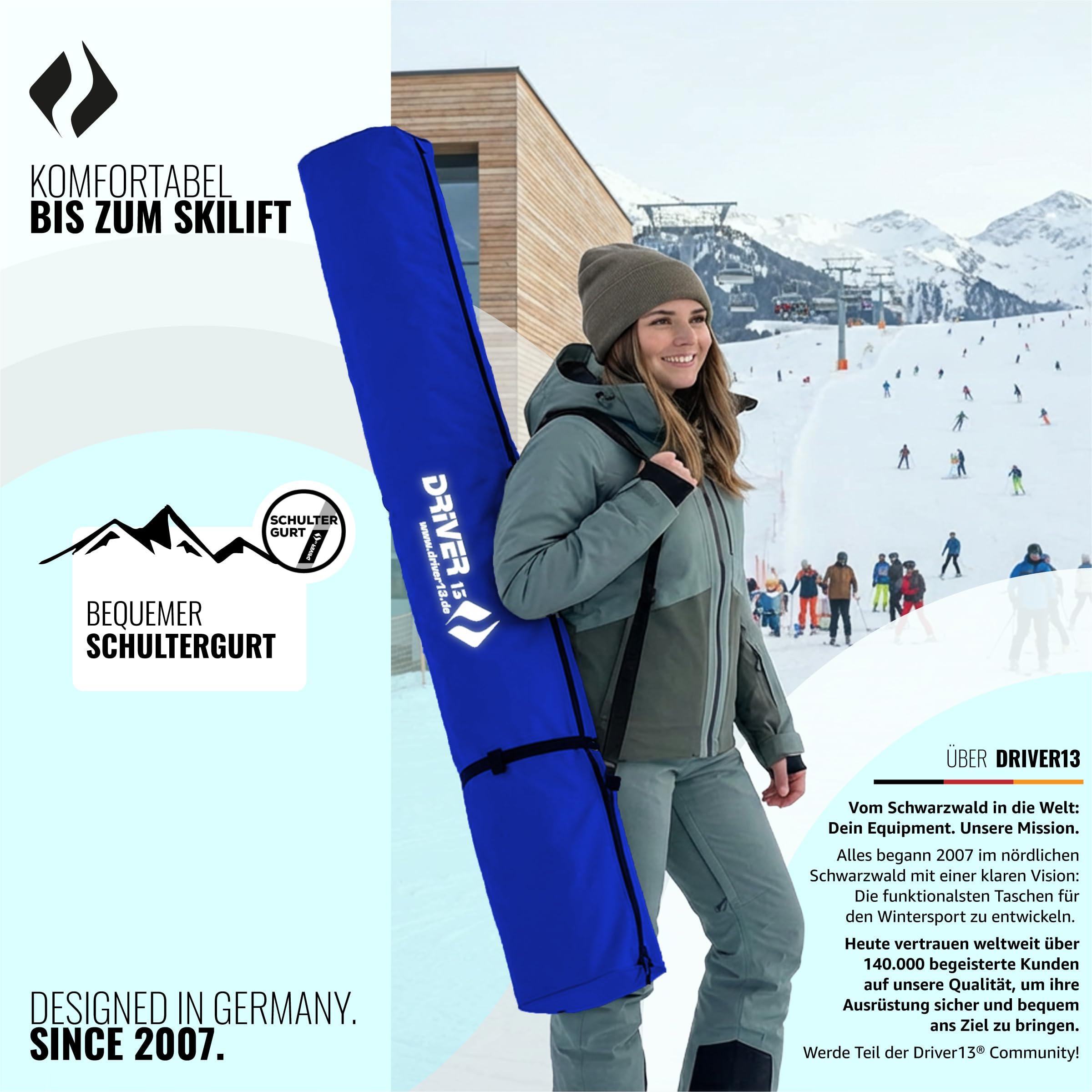 Driver13 Skitasche Skisack für Ski und Skistöcke, längenverstellbar, Tasche für Transport und Aufbewahrung beim Skifahren