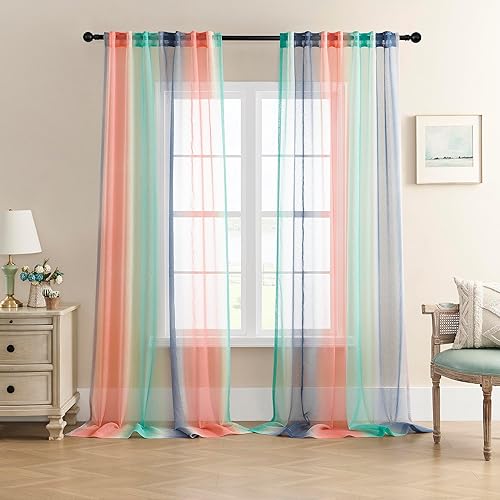 Vista 27 de XiDi Ombre Sheer Curtain Panel Set,Pink Green and Purple Semi Transparent Voile Drapes Short Sheer Curtains for Girls Bedroom Decor,2 Packs 52inch