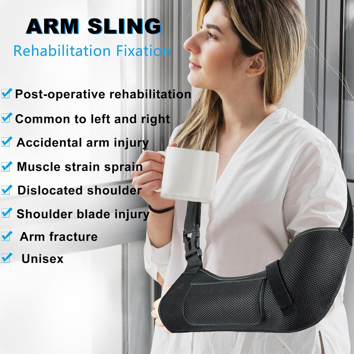 KONSEDIK Arm Shoulder Sling,Breathable Medical Sling with Shoulder Pad,support for Women and Men Rotator Cuff Injury,Left or Right Arm,Elbow,Clavicle Fracture Post-Surgery(Black,Medium)