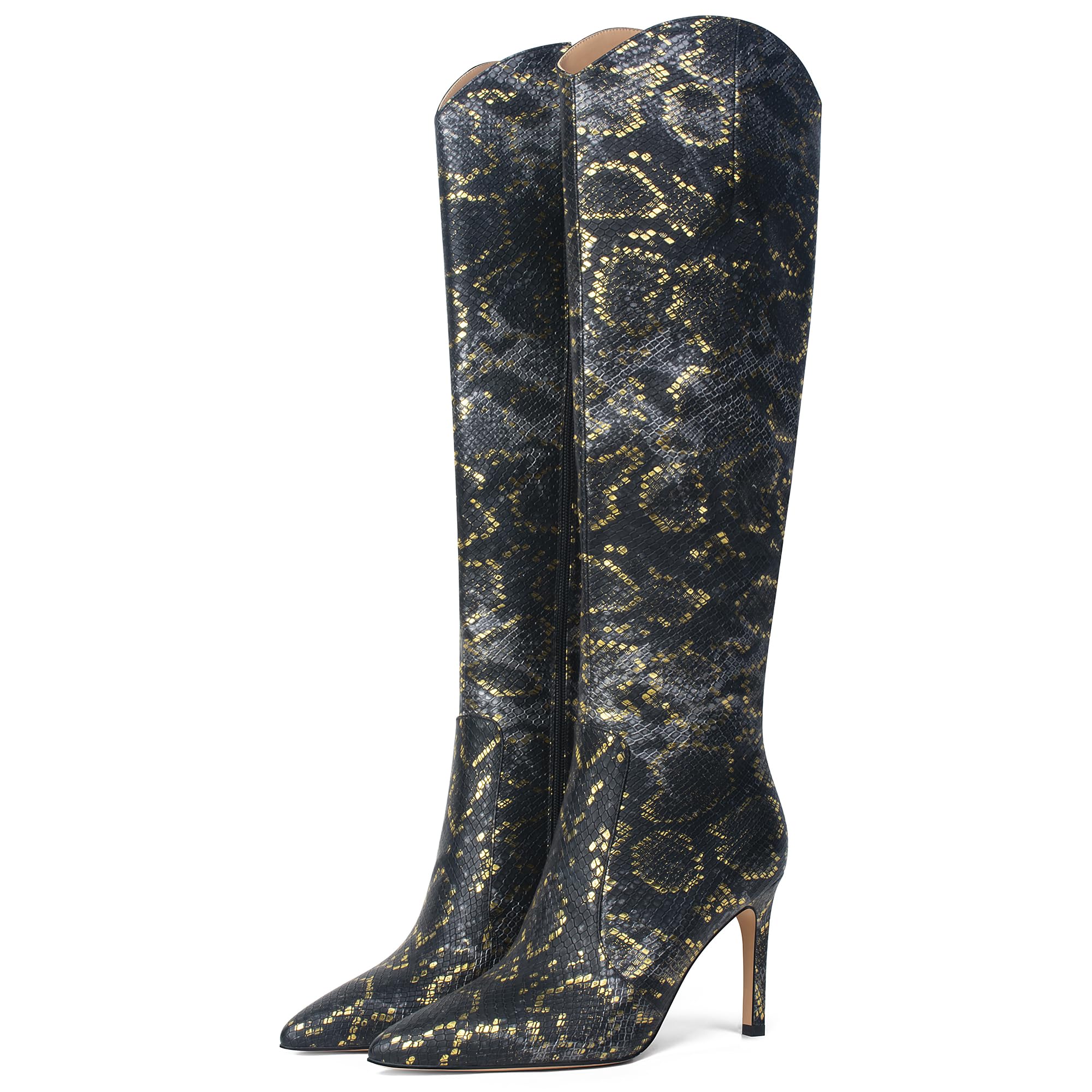 JANSEVEN Snakeskin Knee High Boots for Women Snake Skin Tall Boot with Stiletto High Heel Python Print Pointed