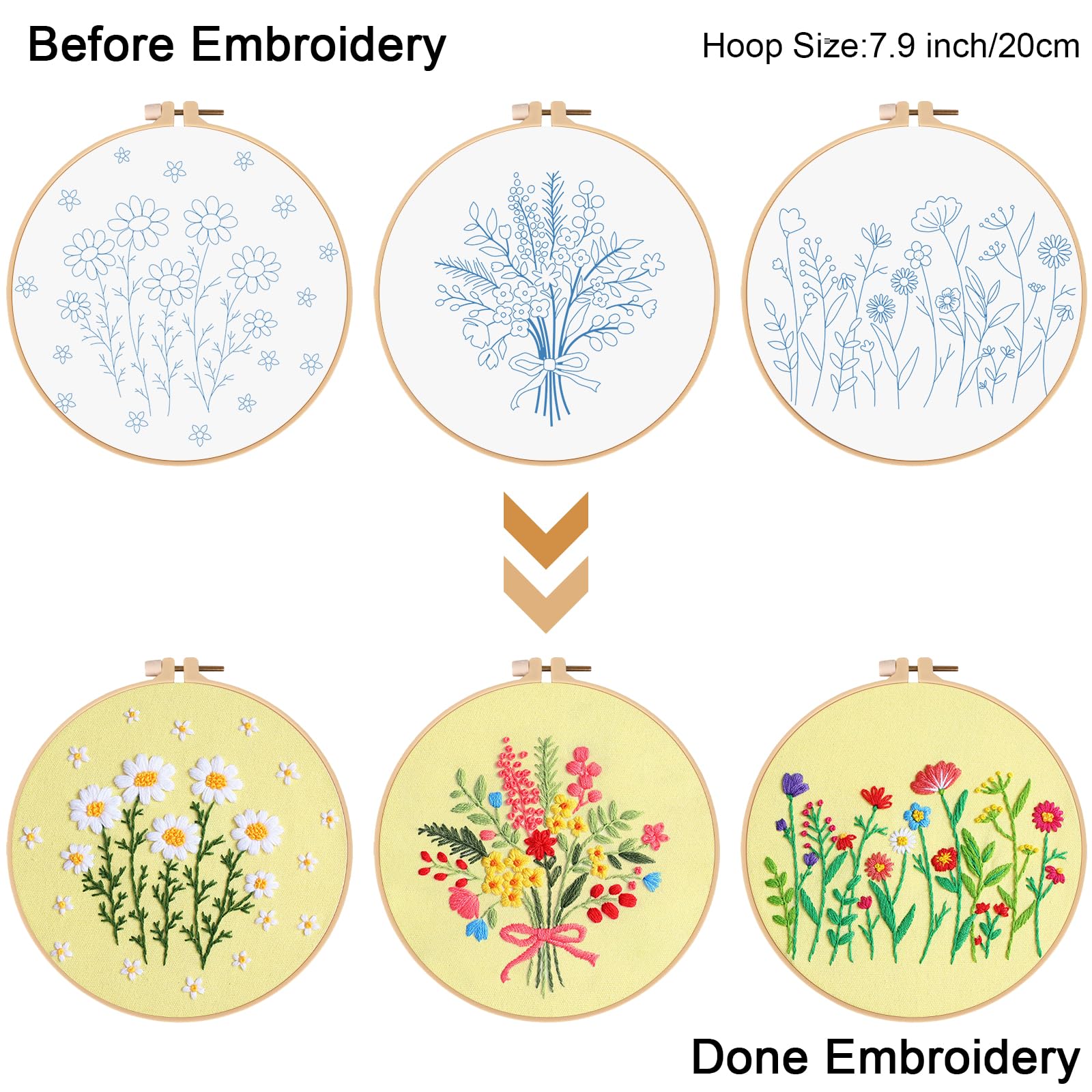 Louise Maelys 3 juegos de bordado de flores para principiantes, kit de punto de cruz para adultos, punto de aguja para principiantes, incluye patrón de ramo de margaritas, aro, instrucciones e hilos