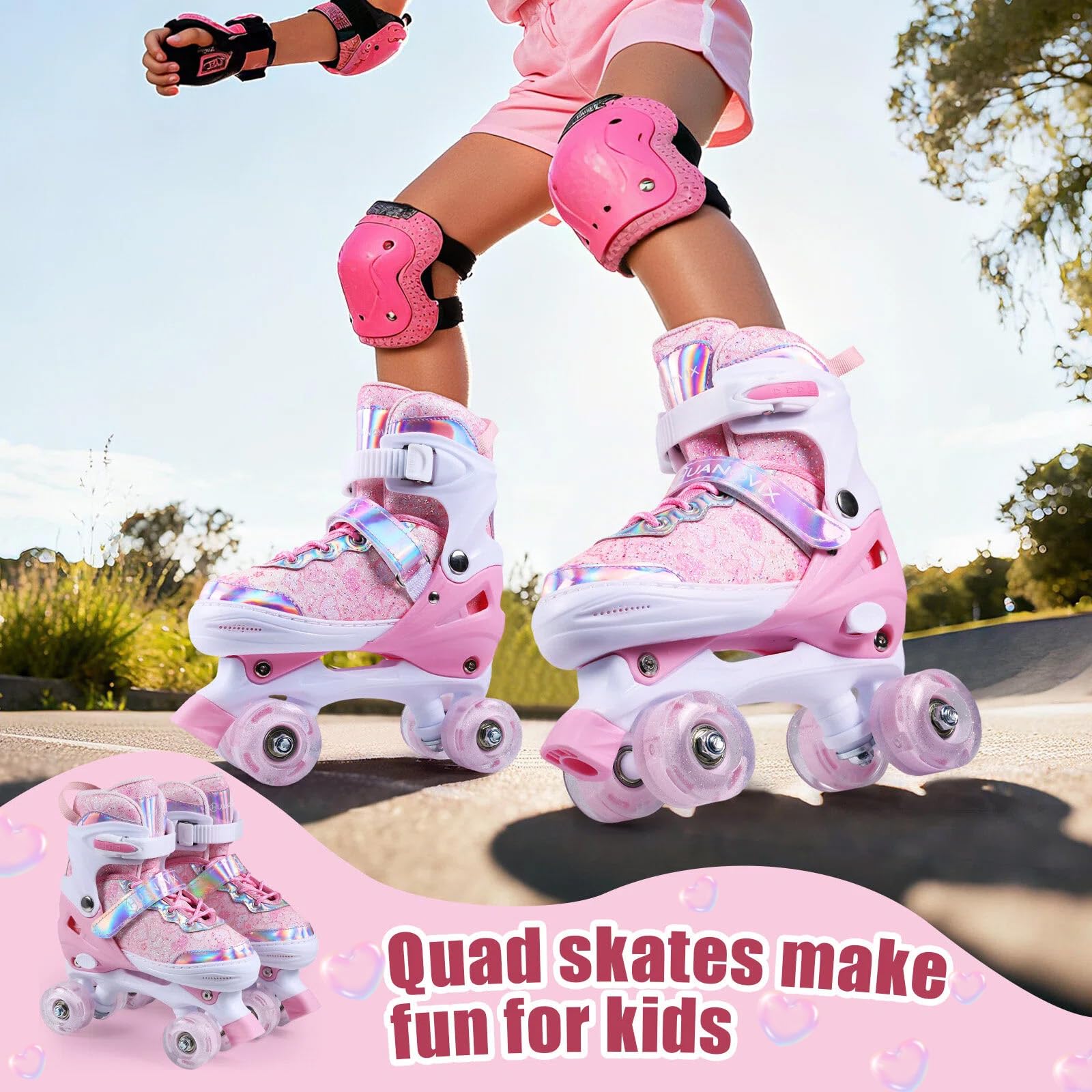 4 Sizes Adjustable Kids Roller Skates for Girls Boys Indoor Outdoor Sports, Love-Pink, Small-Little Kids - Image 6