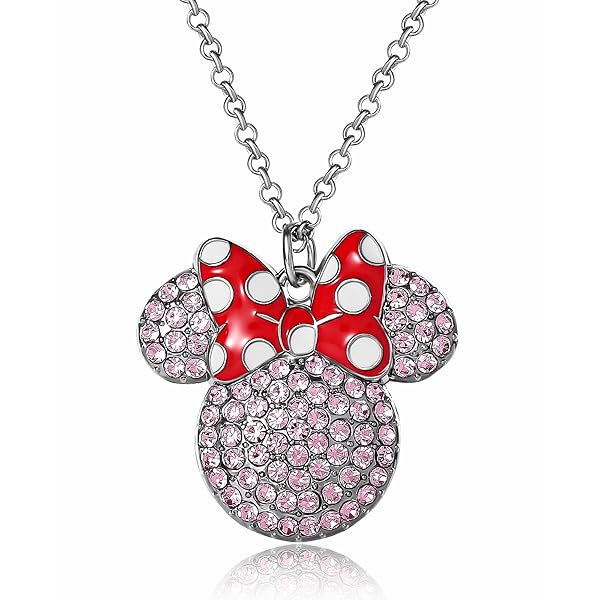 Disney Womens Minnie and Mickey Mouse Pave Crystal Necklaces Officially Licensed Jewelry, 16"+3" Adjustable Chain
