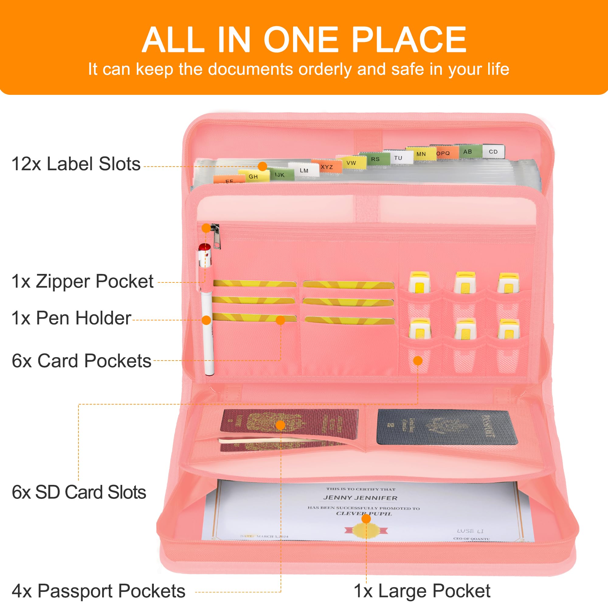 Organiseur de fichiers accordéon, 13 poches ignifuges avec plusieurs poches, organiseur de documents portable avec fermeture éclair pour documents et fichiers, rose