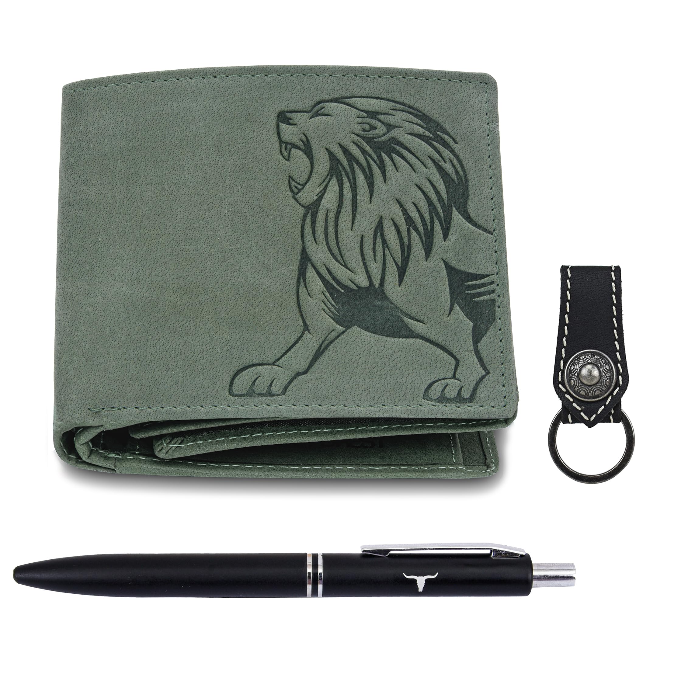 Luca Vintage Green Leather Wallet, Black Pen & Keychain Combo Gift Set for Men-image-46