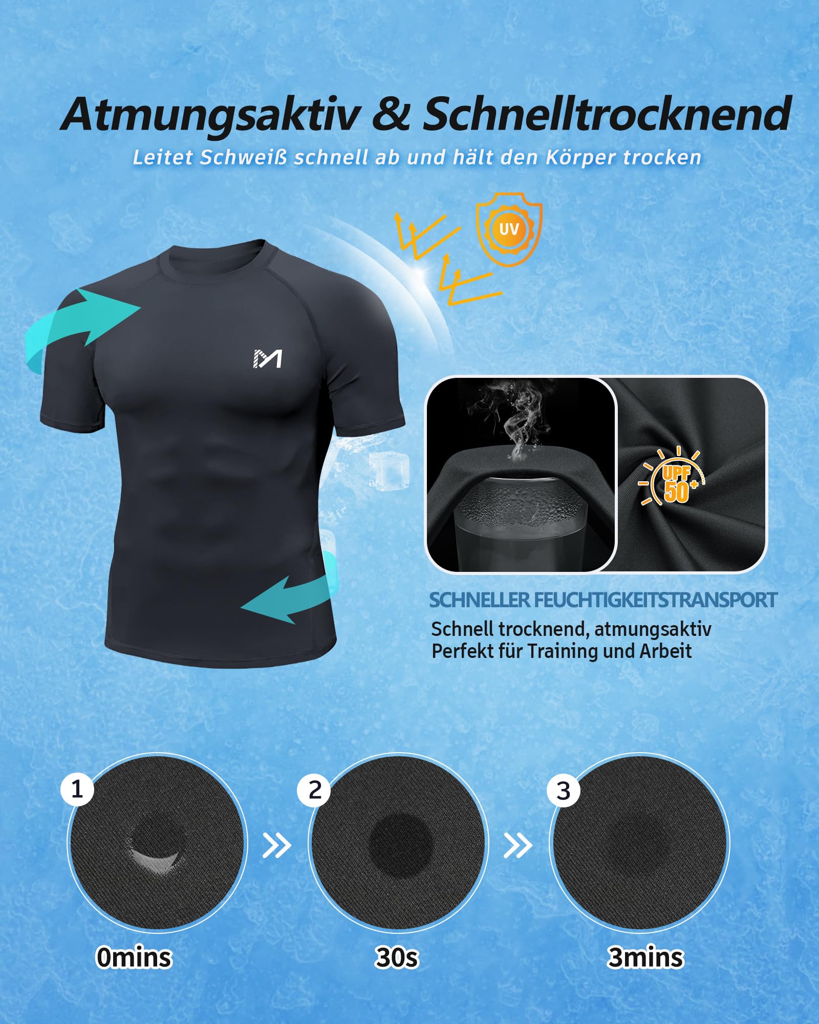 MEETYOO 2 or 3 Pack Kompressionsshirt Herren, Funktionsshirt Herren & UPF50+ UV Shirt Herren–Atmungsaktiv, Feuchtigkeitsableitend, Schnell Trocknend, Ideal für Sport, Schwimmen und den Alltag