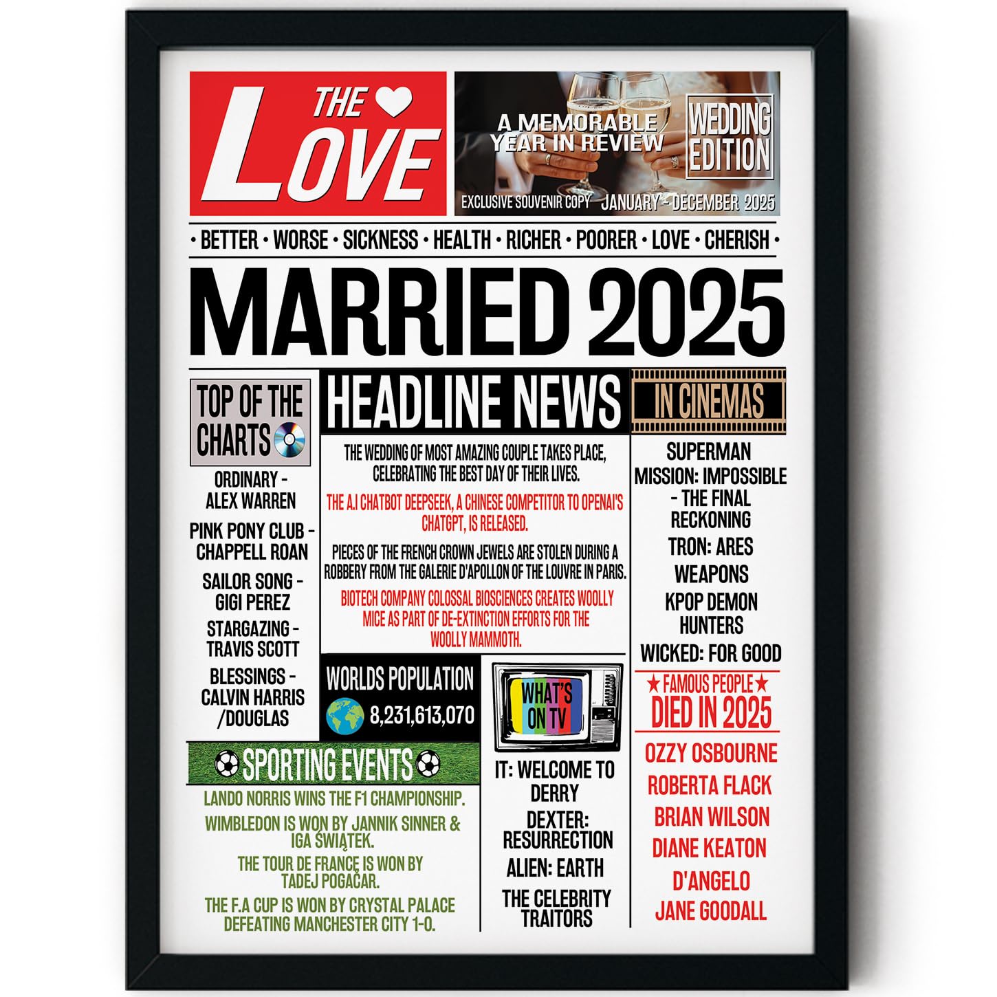 Stuff4 Men's 2025 1St Anniversary Poster Framed, Married In Newspaper