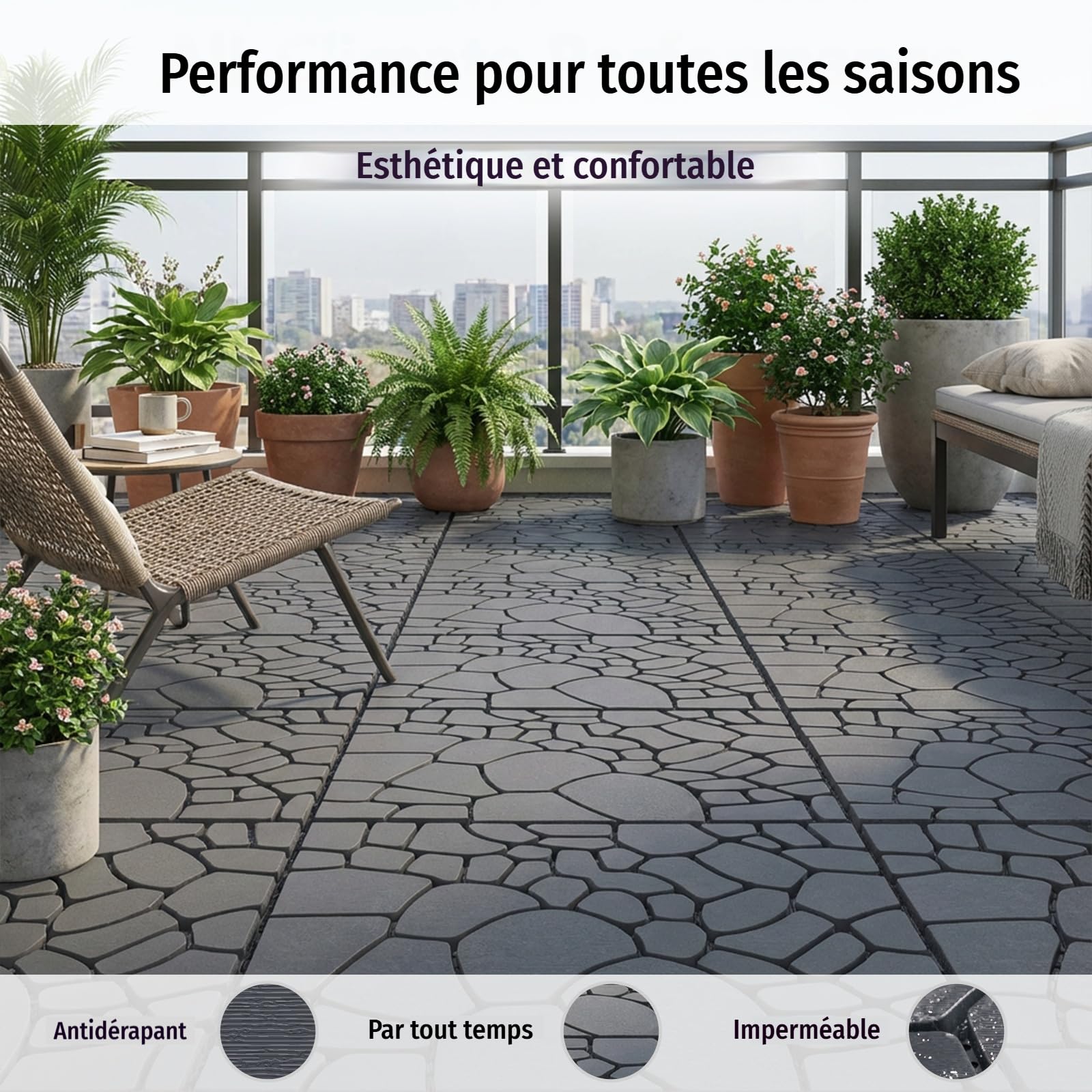 9 Pièces (30 x 30 cm – 0,81 m²) Dalles de Terrasse Extérieure Clipsables, Caillebotis Plastique Antidérapant à Drainage Rapide pour Jardin, Piscine, Balcon(Lot de 9-Gris Foncé（STW))