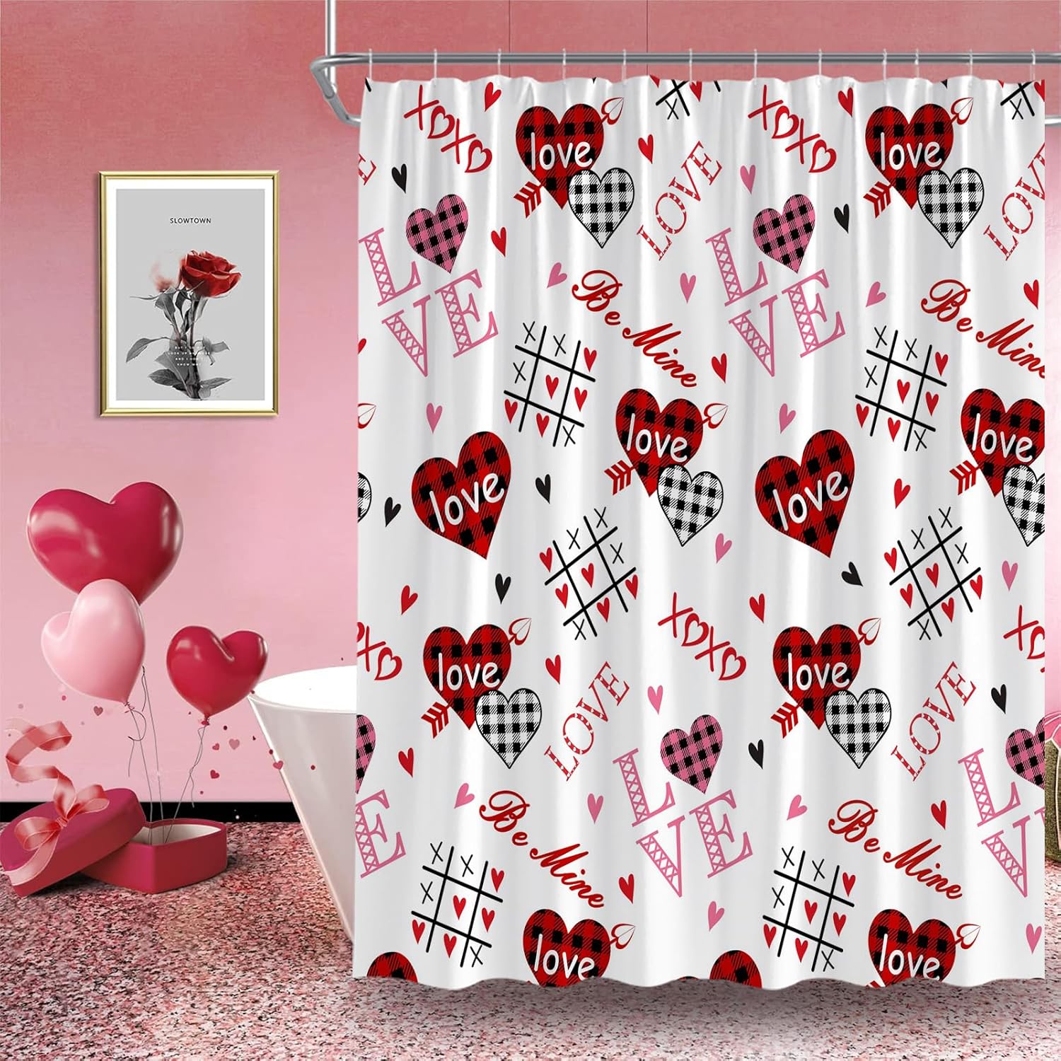 Valentines Extra Long Shower Curtain,Heart Love Checkered Plaid Pink Red Modern Bathroom Home Curtain Decor with Hooks,70x78 Inch