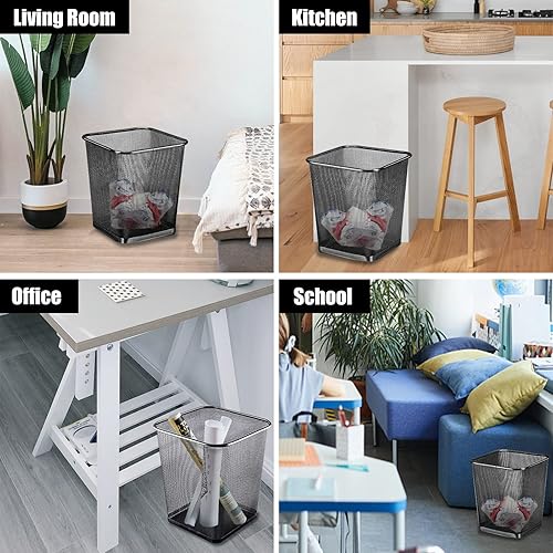 Miniatura 5 de Paquete de 10 cubos de basura de metal cuadrados negros de 6 galones, cubos de basura de malla para oficina, papeleras de alambre de metal, canasta