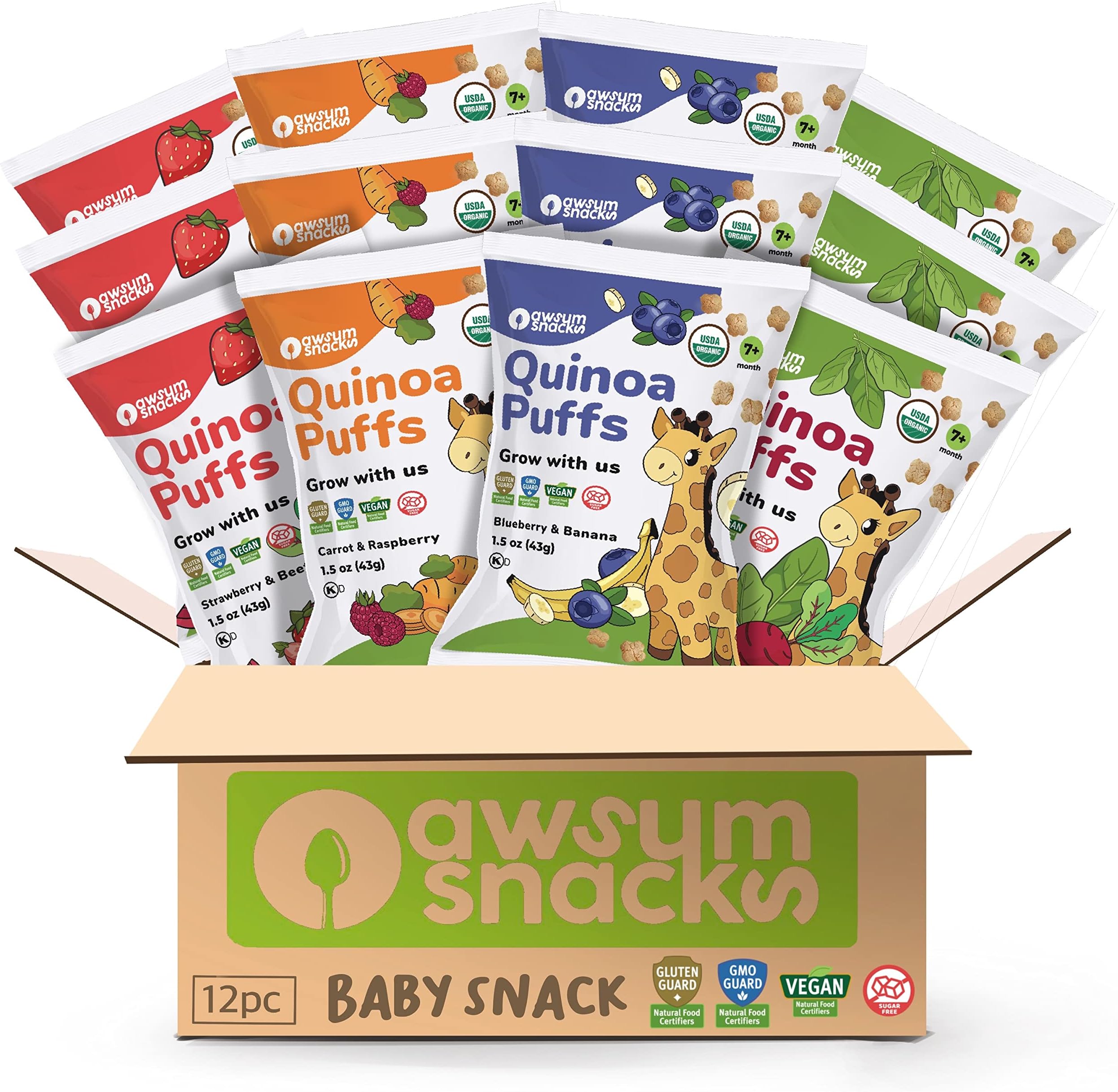 Awsum Snacks Variety Baby Puffs - Happy Healthy Baby Snack - Natural Plant Based Puffed Snacks - Certified USDA Organic Kosher Non GMO Gluten Free Vegan - No Added Sugar - Non-Allergy (12 1.5oz bags)