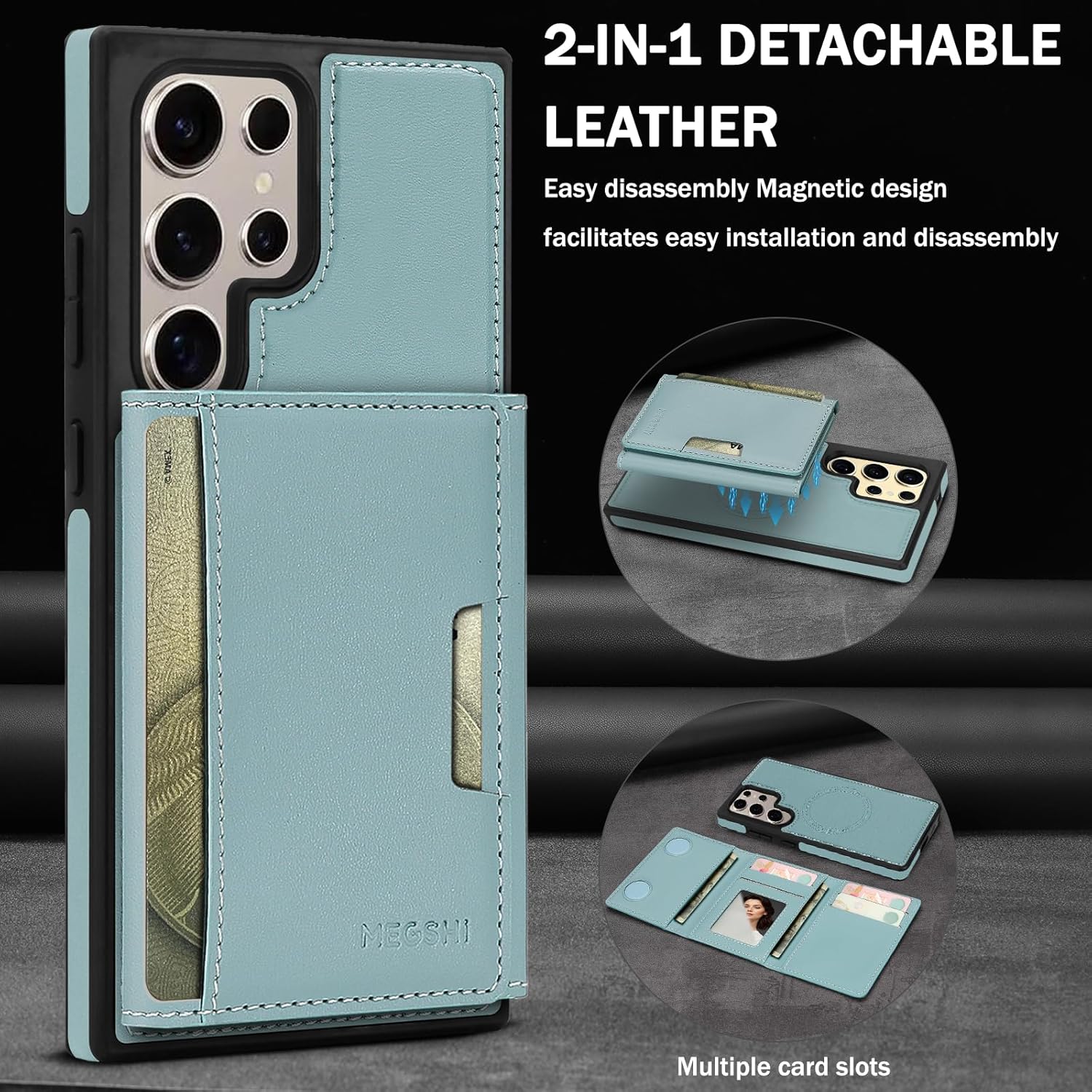 for Samsung Galaxy S23 Ultra Wallet Case, 2-in-1 Detachable Magnetic Wallet Case, Card Holder RFID Blocking, Fashionable Faux Leather Card Slot & Folding Design (Blue) - Image 5