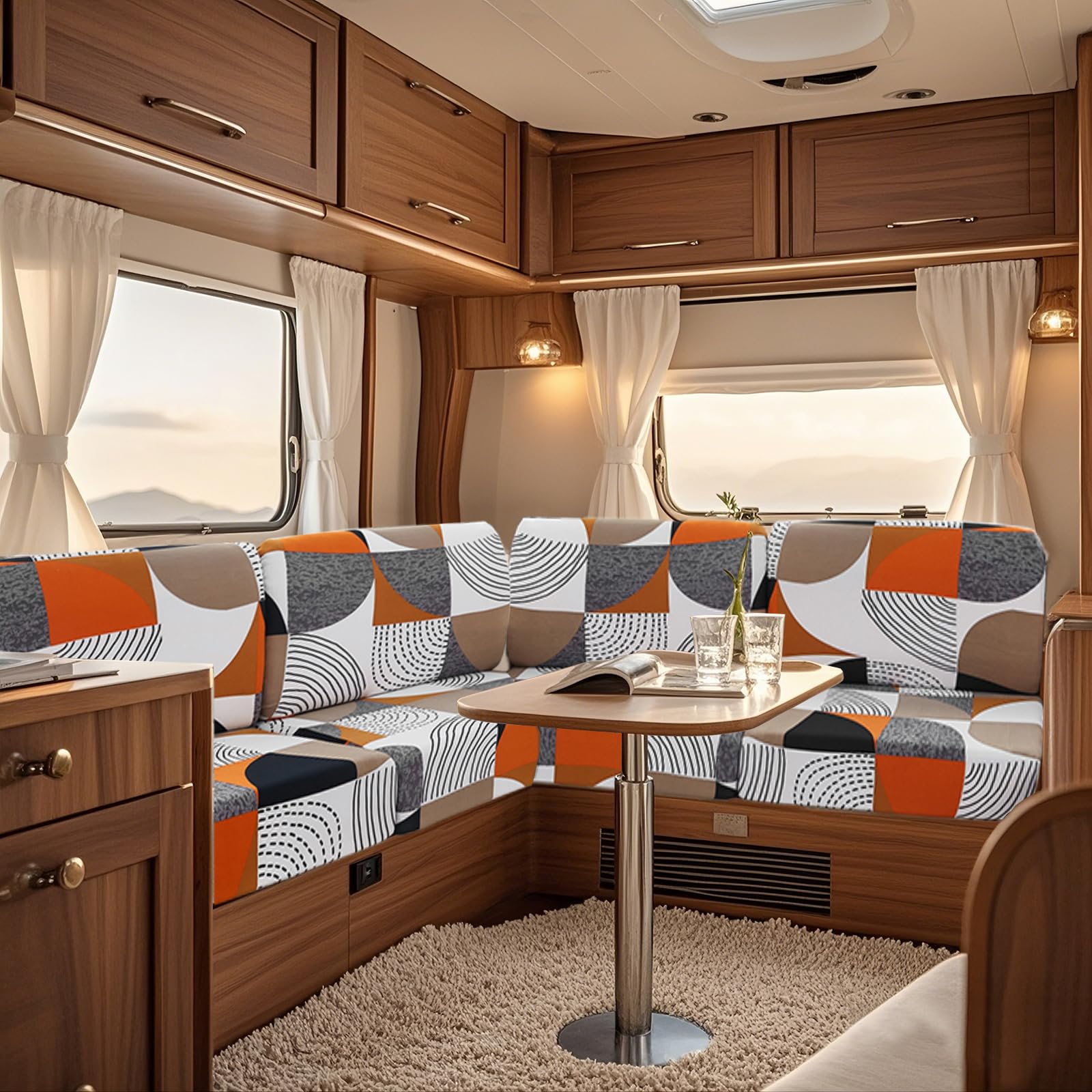 UNBBRRL Fit Stretch Caravan Seat Cover, Non Slip Elastic Fabric Printed Pattern RV Dinette Cushion Cover, Protector for Motorhome Sofa Bench with 4 Straps (orange arc,1 seater)