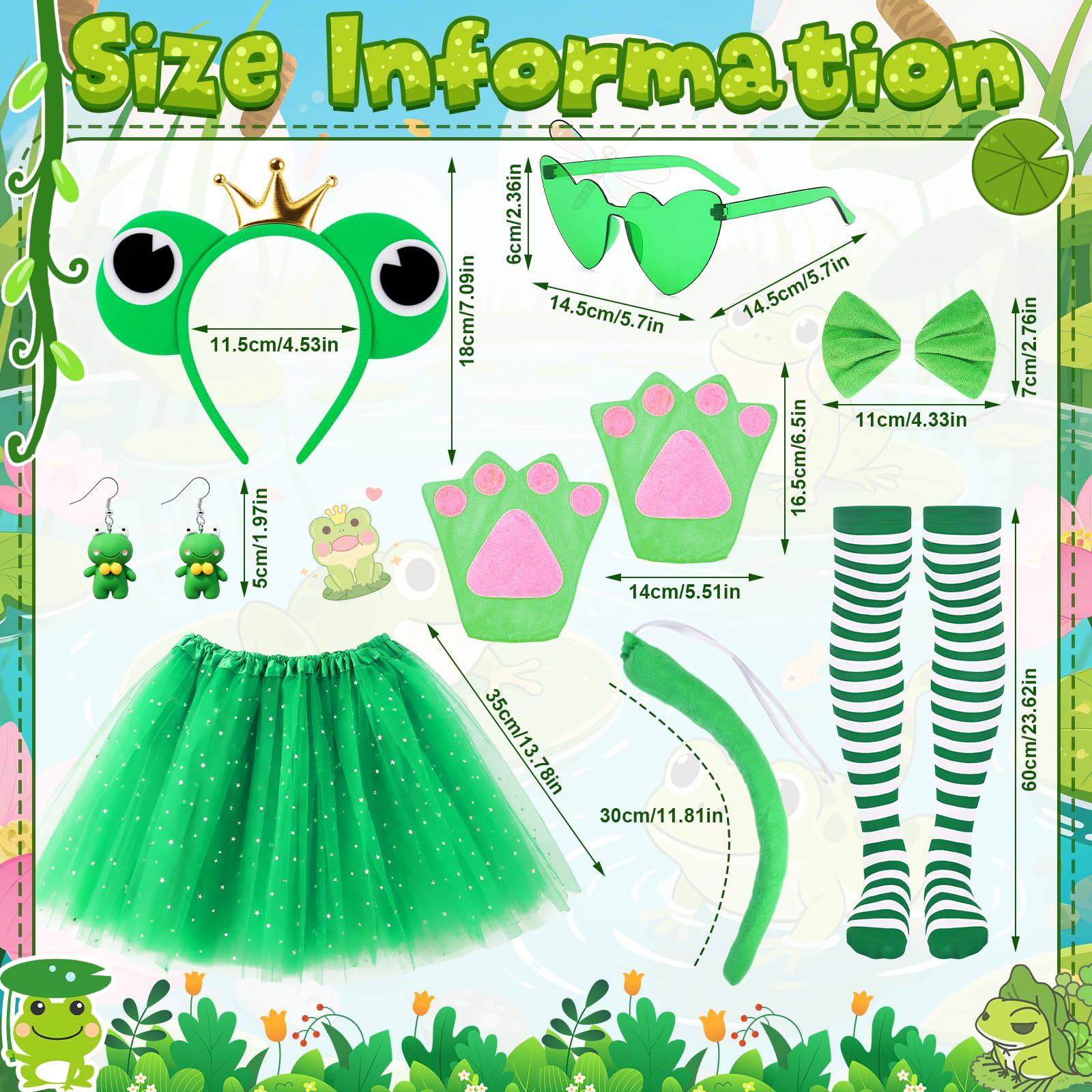 Kyndara 8pcs Frog Costume Set for Women Frog Fancy Dress Kit with Sparkly Tutu Skirt Headband Bow Tie Tail Gloves Glasses Earrings Socks for World Book Day Halloween Themed Parties Cosplay - Image 2