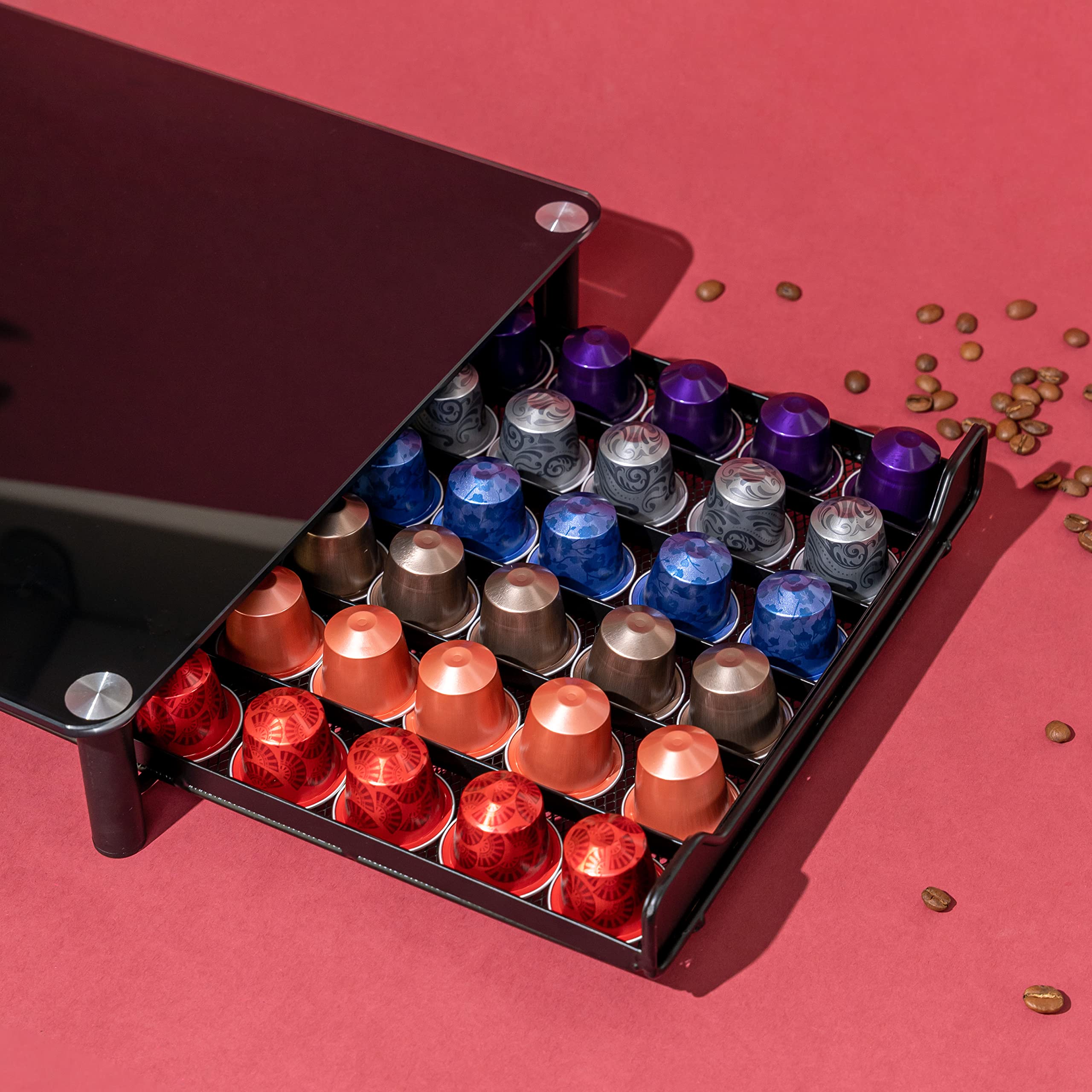 bremermann Caja para 60 cápsulas de café Nespresso, cajón, metal y placa de cristal, soporte para cápsulas, dispensador de cápsulas, aprox. 31 x 7 x 40,5 cm (negro)