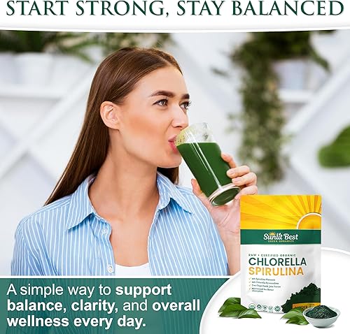 Miniatura 5 de Sunlit Best USDA Organic Chlorella Spirulina en polvo  Fuente 100% cruda y vegana de proteína y clorofila  Bebida energética de superalimentos sin