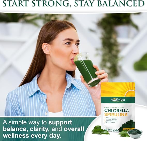 Sunlit Best Organic Chlorella Spirulina Powder Absorption, Green Algae 8 Oz