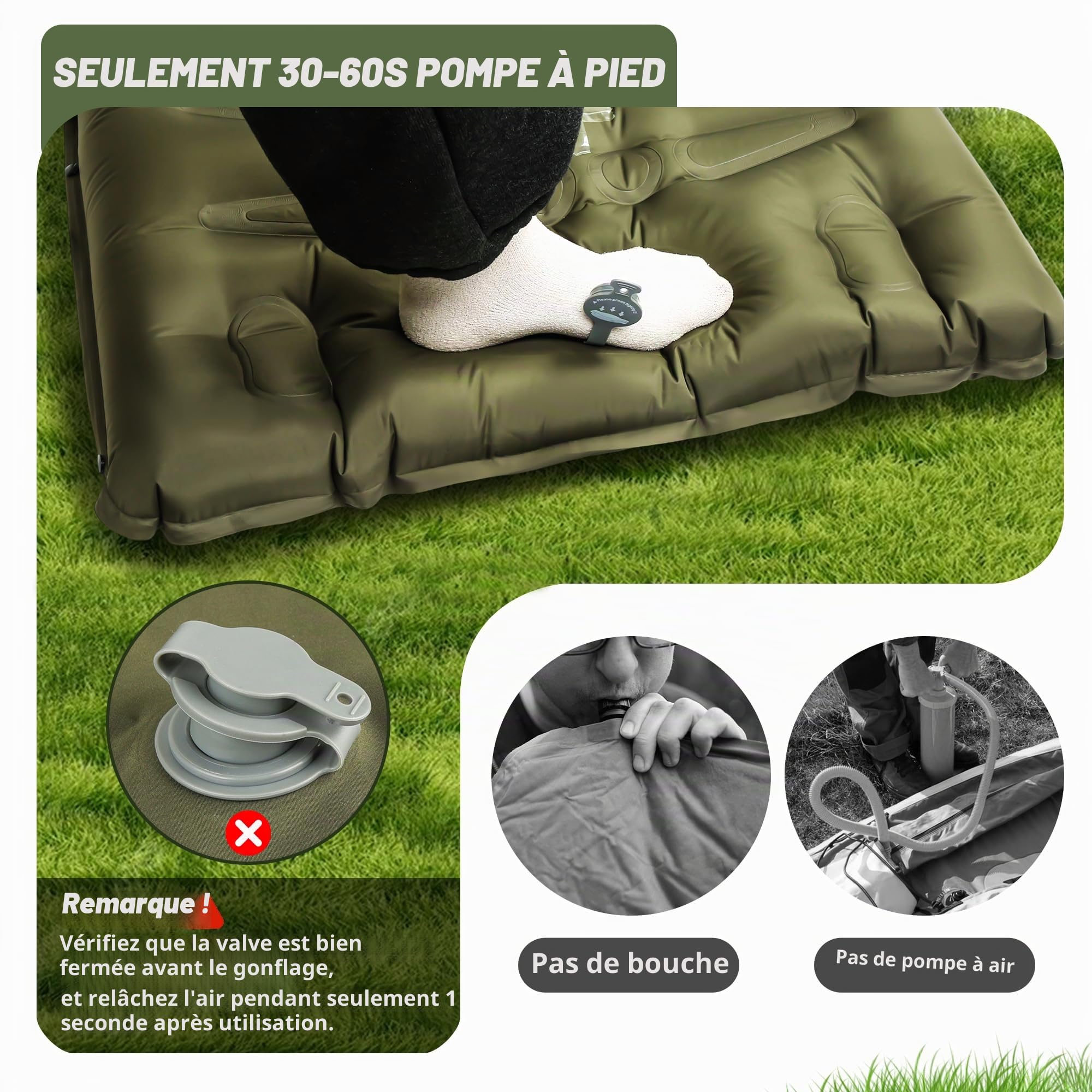 KASIMO Matelas Camping 1 Place 12cm d'épaisseur Matelas autogonflant avec Oreiller & Pompe à Pied intégrée Matelas randonnée Ultra léger Matelas Gonflable Camping pour Tente et Bivouac, Vert