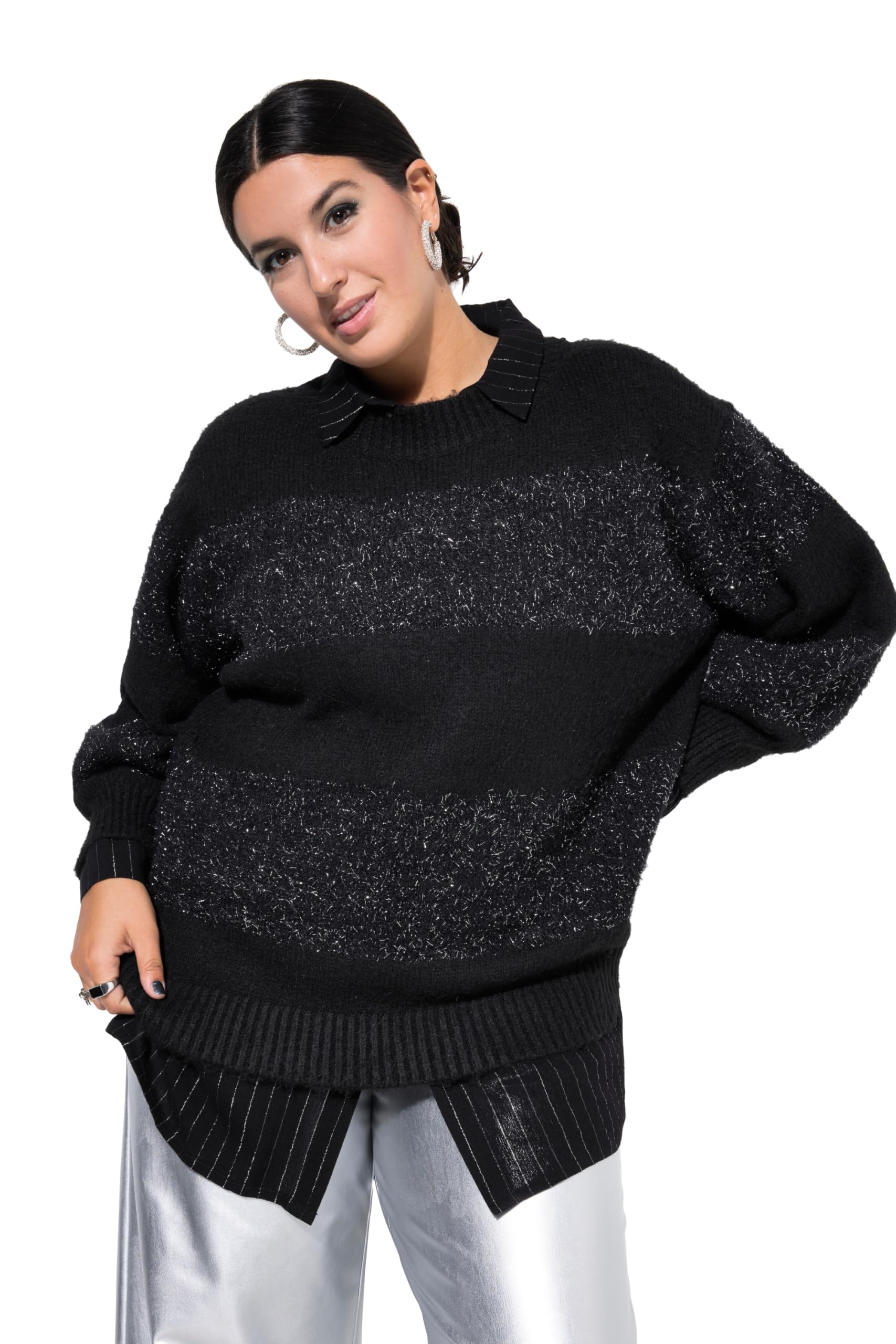 Studio Untold Damen große Größen Übergrößen Plus Size Pullover, Oversized, Kuschelstrick, Glitzer-Streifen 845695