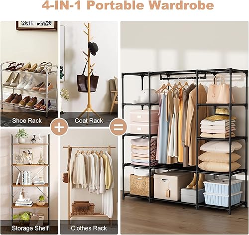 Miniatura 7 de Armario portátil para colgar ropa de 57.3 pulgadas, armario de gran capacidad con tapa, 8 bolsillos y 1 barra para colgar, organizador de armario de