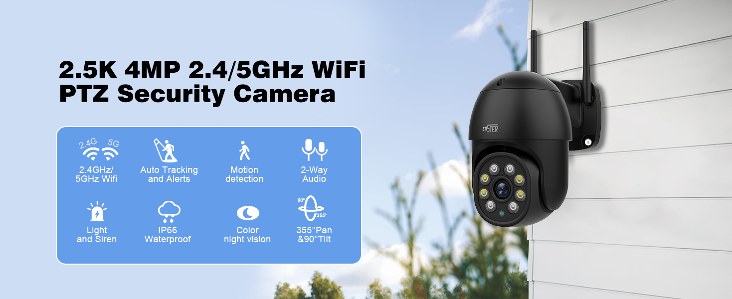 Telecamera Di Sorveglianza Esterna ENSTER 5MP PTZ WiFi 5G - Auto Tracking, Audio Bidirezionale, Visione Notturna A Colori, Custodia In Titanio