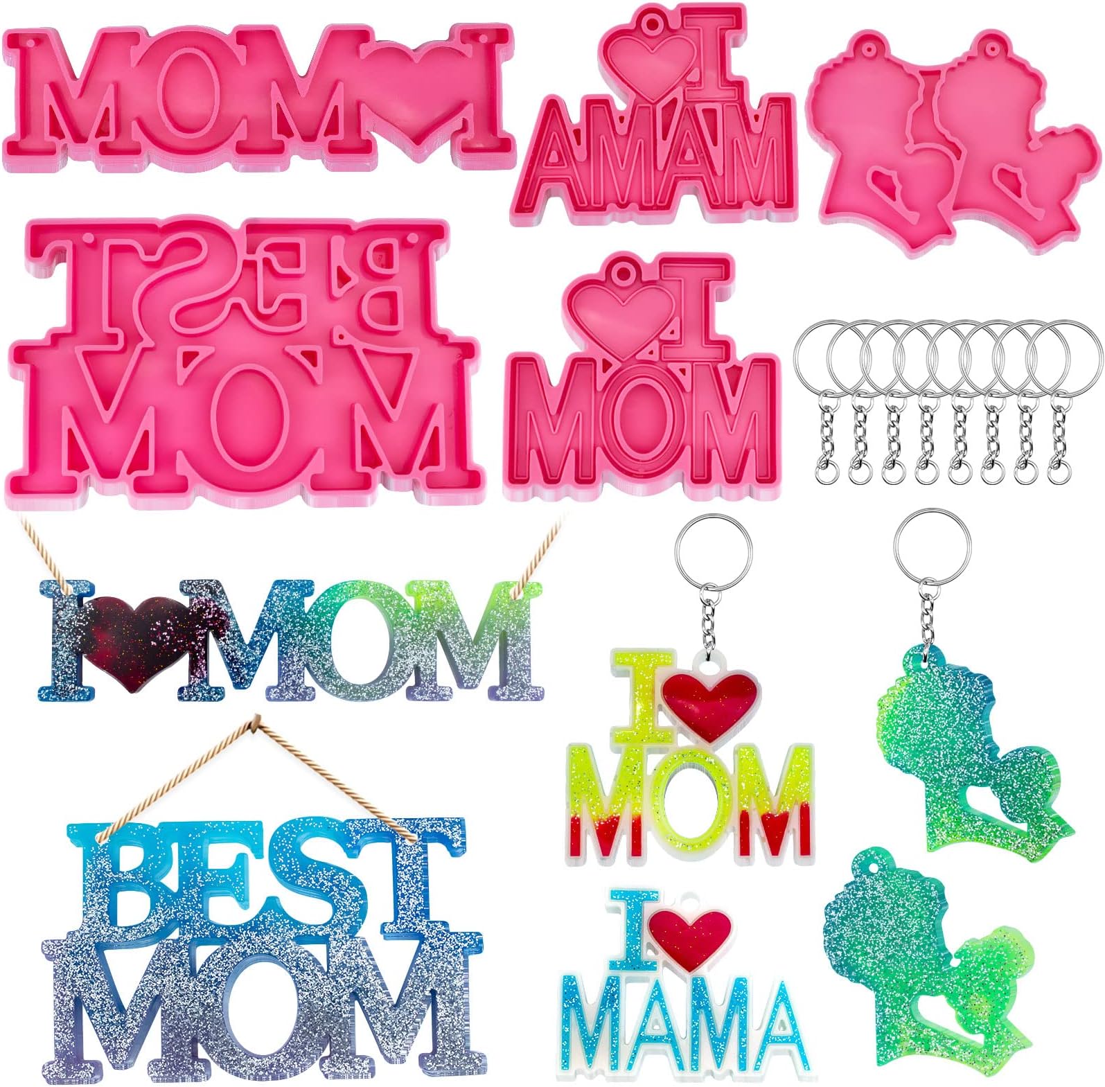 JHYlilia Mom Word Keychain Silicone Mold, Mothers Day Gift Resin Mold with Hole 20 Pcs Key Rings, I Love MOM Mold for Epoxy Resin Women Girl Gift DIY Craft Keychain Jewelry Making (D-Pink)