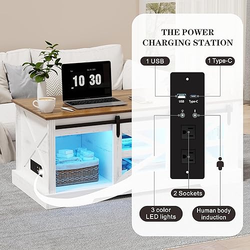 Miniatura 6 de Mesa de centro de granja, mesa de centro elevable con gabinete para pistola, 2 puertas corredizas de granero, gran almacenamiento y 3 luces LED de