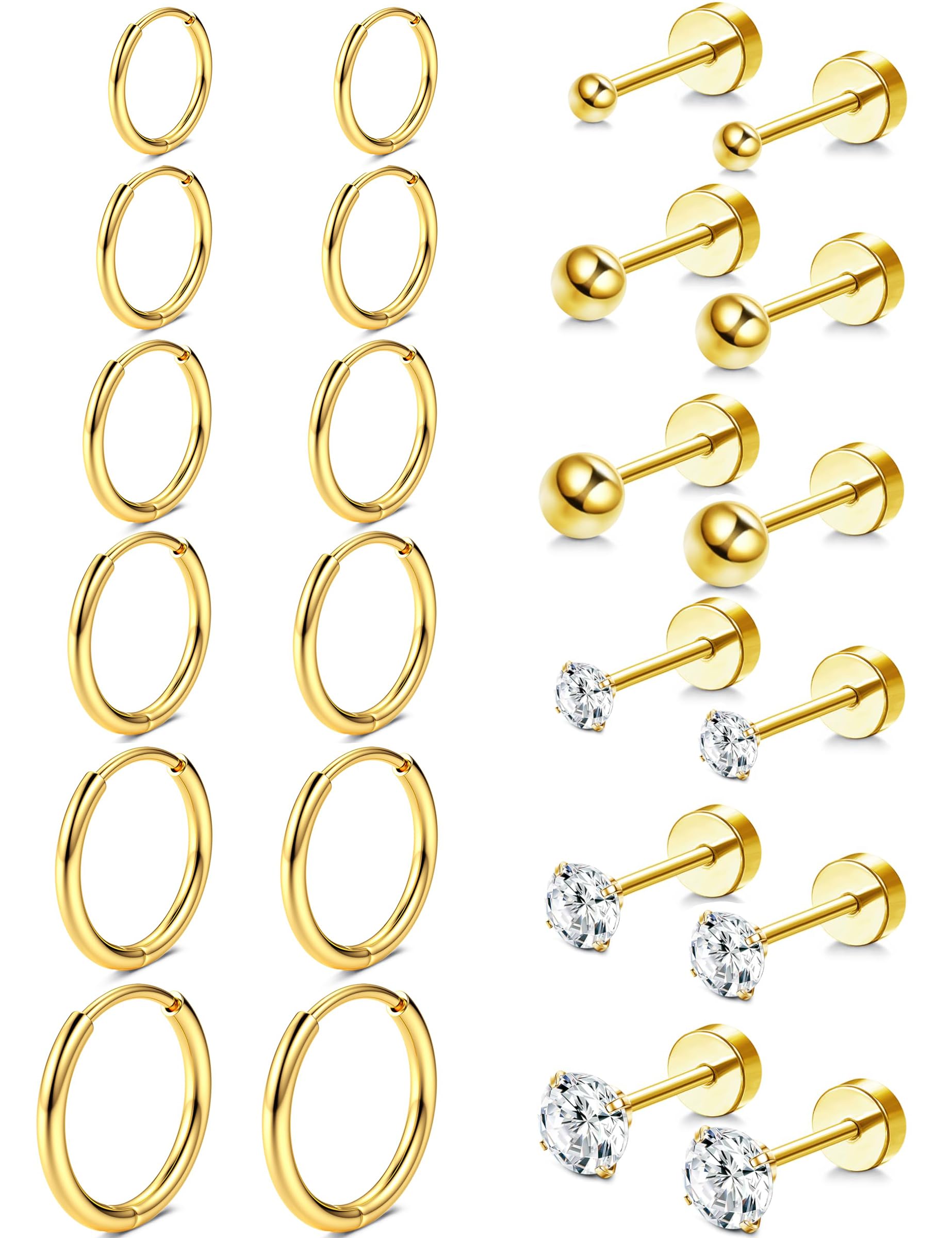 CASSIECA 9/12 Pares Pendientes Acero Quirurgico, Piercing Oreja 14K Oro Pendientes Mujer Dorados Circonio Cúbico Ronda Pendientes, Hipoalergénico Cartílago Huggie Hoop Pendientes, Multi Piercing