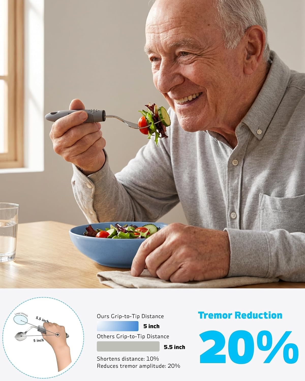 4-Piece Adaptive Utensils Set with Rocker Knife & Shovel Spoon - 42° Angled Parkinsons Utensils, 2.5 oz Weighted Silverware for Hand Tremors and Arthritis, Adaptive Eating Utensils (Grey Left-Handed)