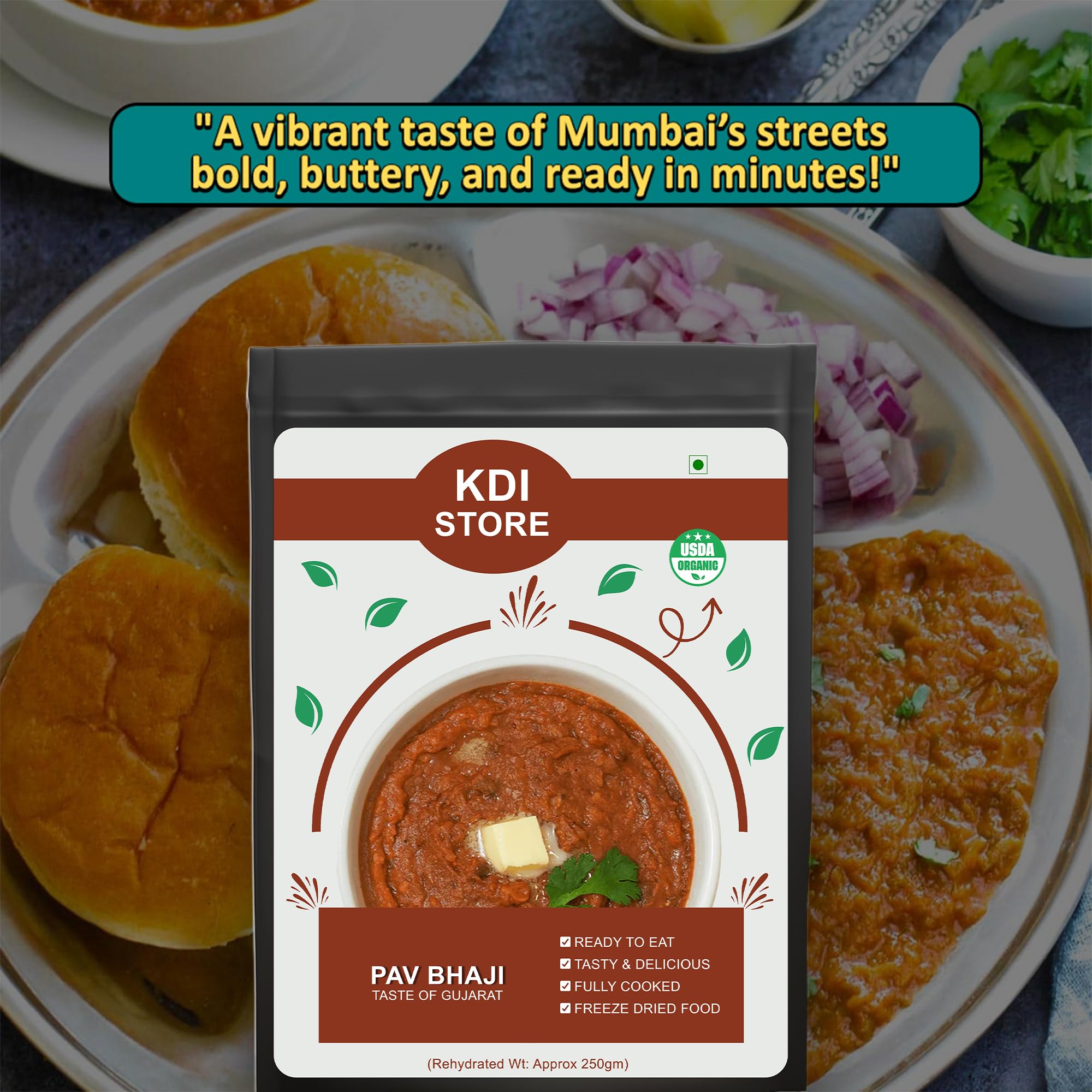 KDI Store Pav Bhaji, Ready to Eat Gujarati Street Food, Organic, Freeze Dried, Fully Cooked, 35g