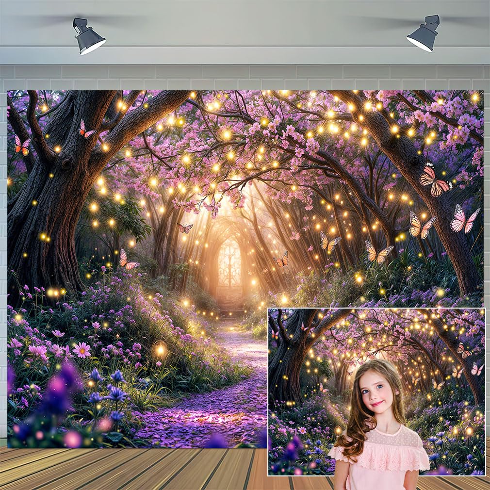 9x6ft Spring Enchanted Forest Backdrop, Purple Princess Fairy Tale Wonderland Garden Backdrops for Photoshoot, Butterfly Woodland Fairy Tea Party