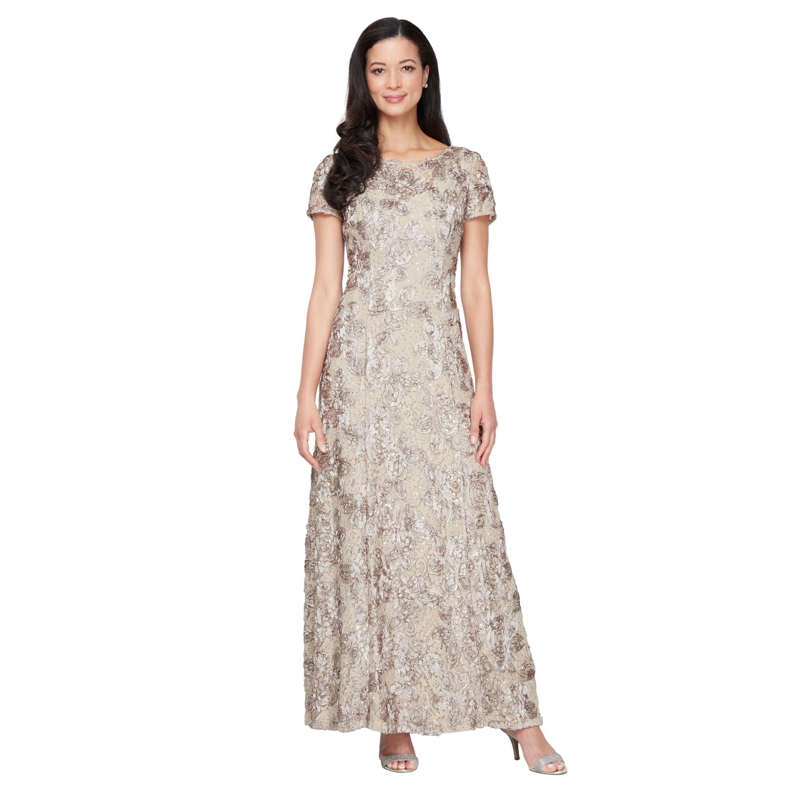 Alex Evenings Women's Long Rosette Mother of The Bride Dress with Short Sleeves, Wedding Guest (Petite and Regular Sizes) Special Occasion, Champagne, 18