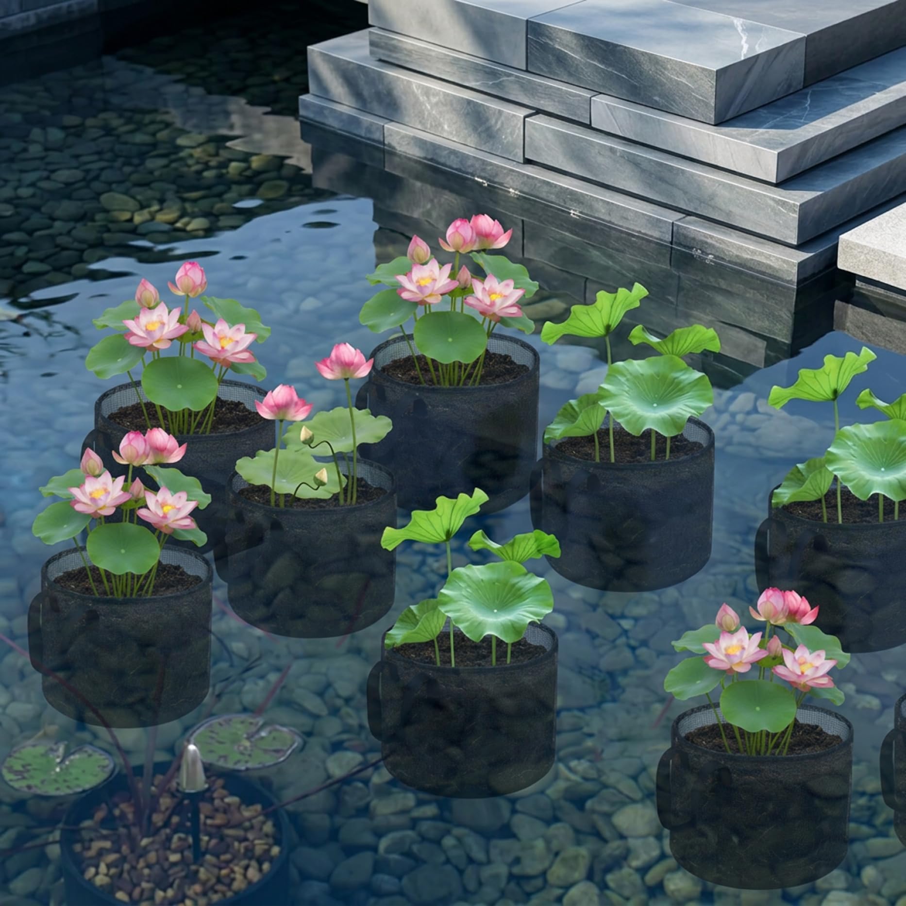 Confezione da 4 cestini idroponici acquatici traspiranti per giglio di loto, vasi in rete da laghetto per piante da giardino acquatiche - Rotondi