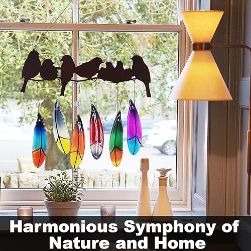 Miniatura 3 de Campanillas de viento para exteriores con plumas de vidrio hechas a mano, adornos de arte de pájaros de metal, campanillas de viento colgantes al
