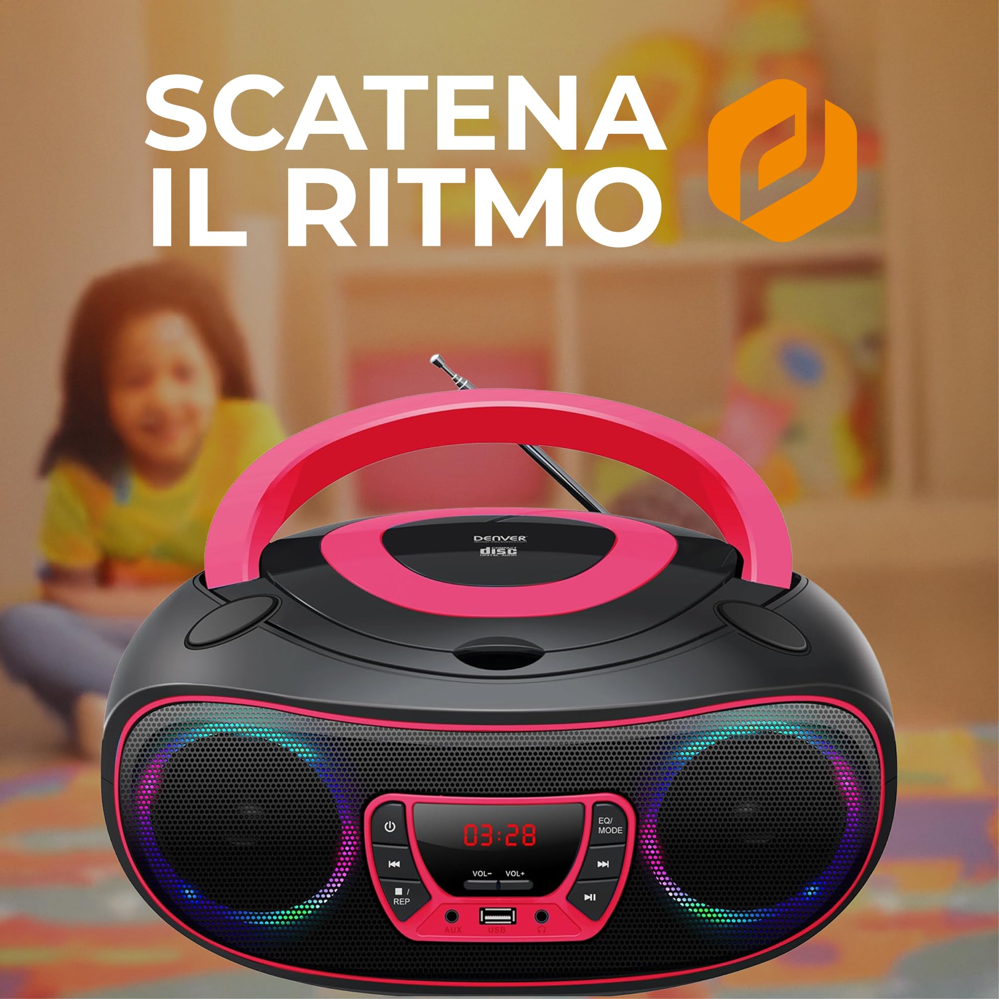 Lettore CD Portatile con Bluetooth Denver TCL-212BT Rosa. Boombox. FM Radio. Volume 2x2W. Ingresso USB, AUX e per Cuffie. Effetto luci.