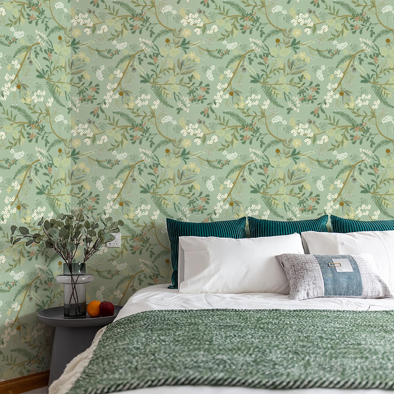 CiCiwind Papel pintado autoadhesivo verde con flores, 40×600cm, impermeable, lámina adhesiva para muebles, autoadhesivo, verde claro, desmontable, revestimiento de pared autoadhesivo, para armarios